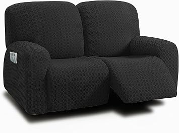 ULTICOR Reclining Loveseat Slipcover, 48" - 65" L, 6-Piece Jacquared Stretch Sofa Cover, 2 Seat Recliner, Thick, Soft, Washable Style 2 Black