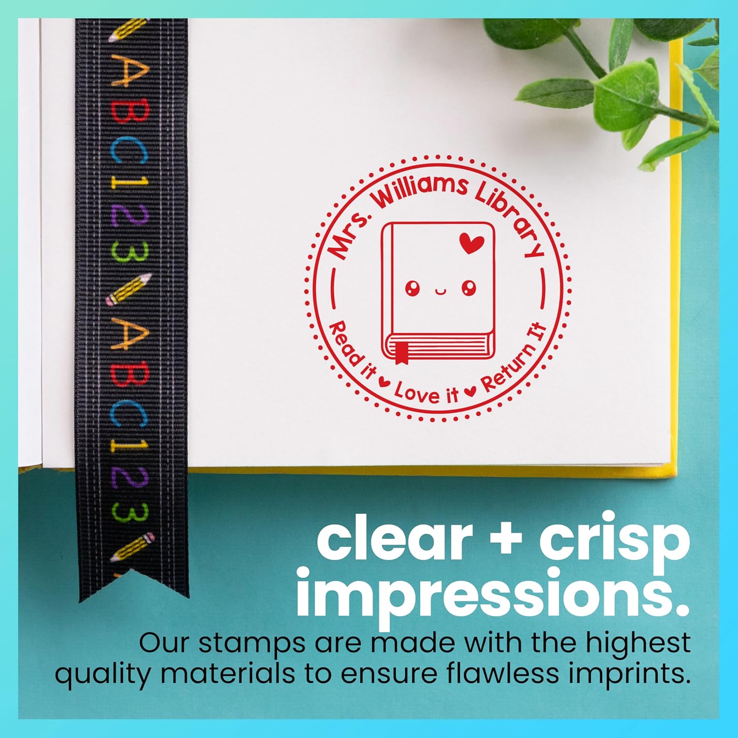 ExcelMark Personalized Teacher Book Stamps - Available in 39 Designs and 5 Color Options (Happy Bookmark)