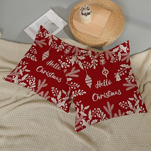 Miniatura 7 de Juego de 2 fundas de almohada navideñas de 18 x 18 pulgadas, diseño de hojas rojas de acebo navideño con hojas florales, decoración de invierno,
