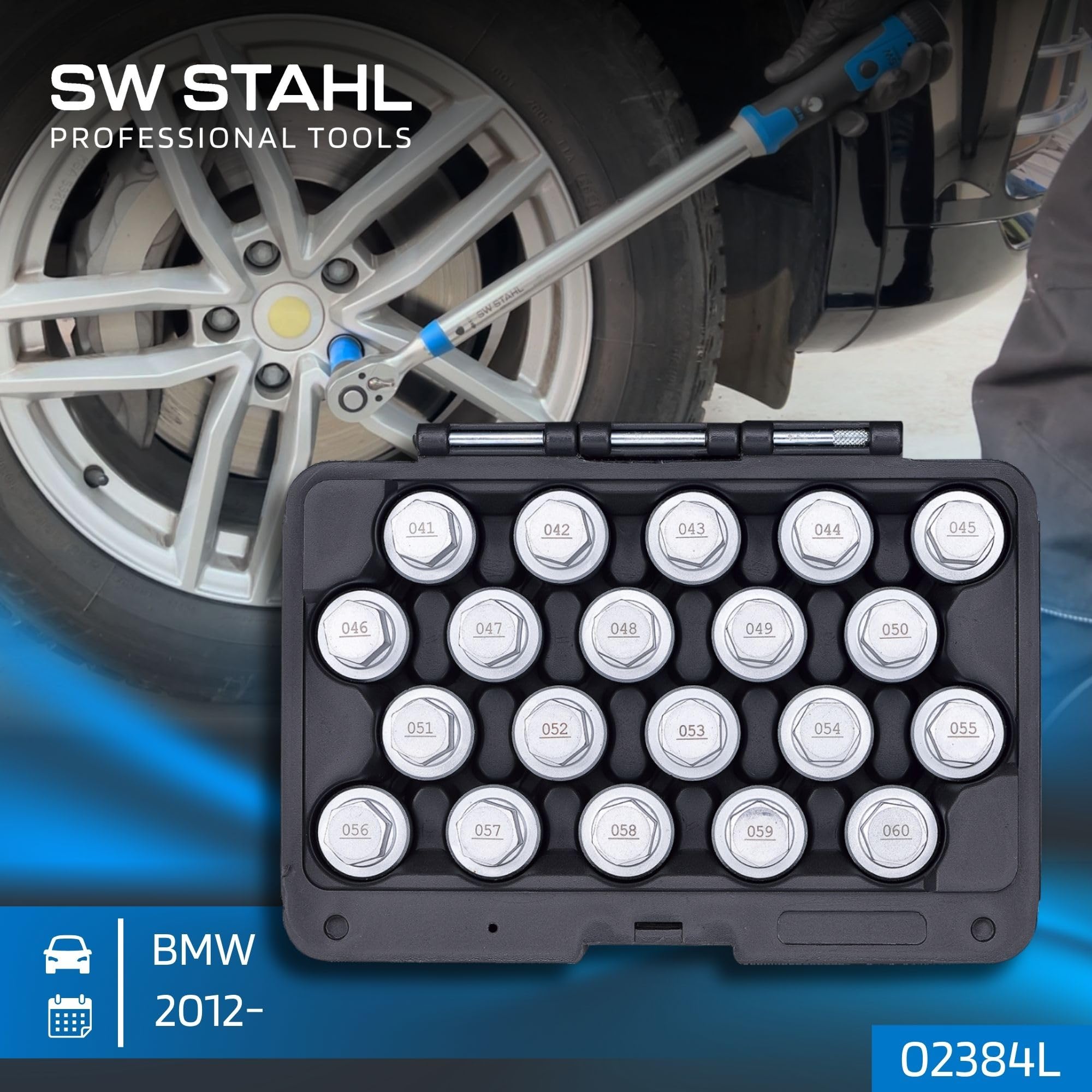 SW-Stahl 02384L Felgenschloss Demontage Set - 20-teilig für BMW Adapter | Ersatzschlüssel Satz zum Lösen von Radsicherungen, 1/2 Zoll Antrieb, 20 Adapter Größen 41-60 für Reifenmontage