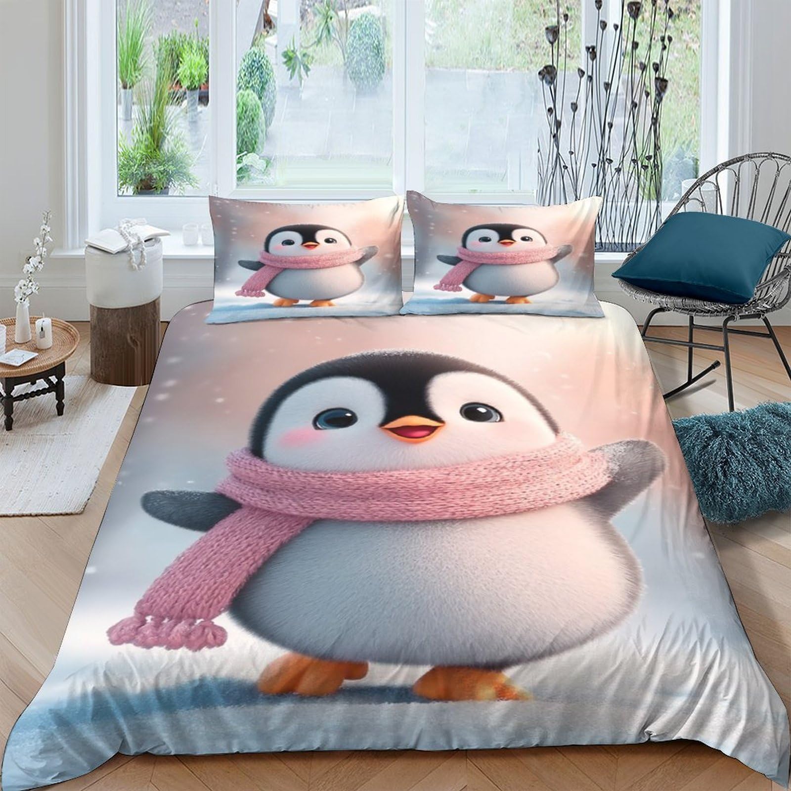 Ctjqhvkz Style-9 3D Printed Cute Penguin Fitted Sheet Microfiber Soft Pink Winter Cartoon Bed Cover For Bedroom Guest Room Decor Single（135X200cm）