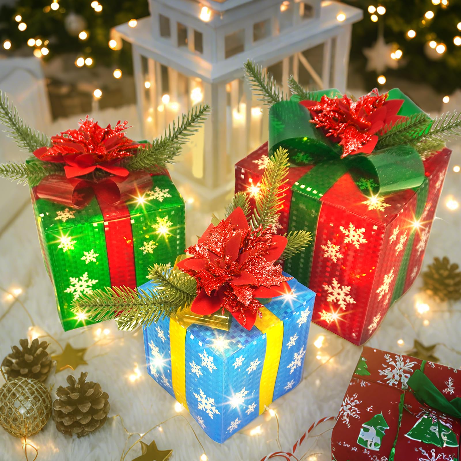 Dehoxara 3 Pcs Christmas Lighted Gift Boxes with Bow 60 LED Battery Operated Pre-lit Present Box Decorations for Xmas Holiday Home Outdoor Yard