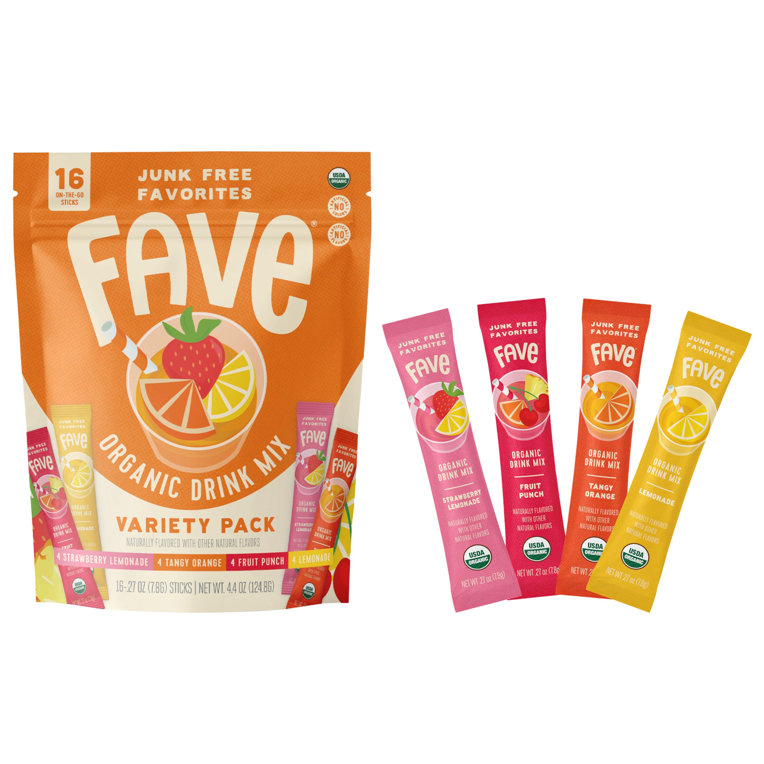 FAVE USDA Organic Drink Mix Variety Pack, 16 Stick Pouch | Lemonade, Strawberry Lemonade, Fruit Punch & Tangy Orange | No Artificial Colors or Flavors