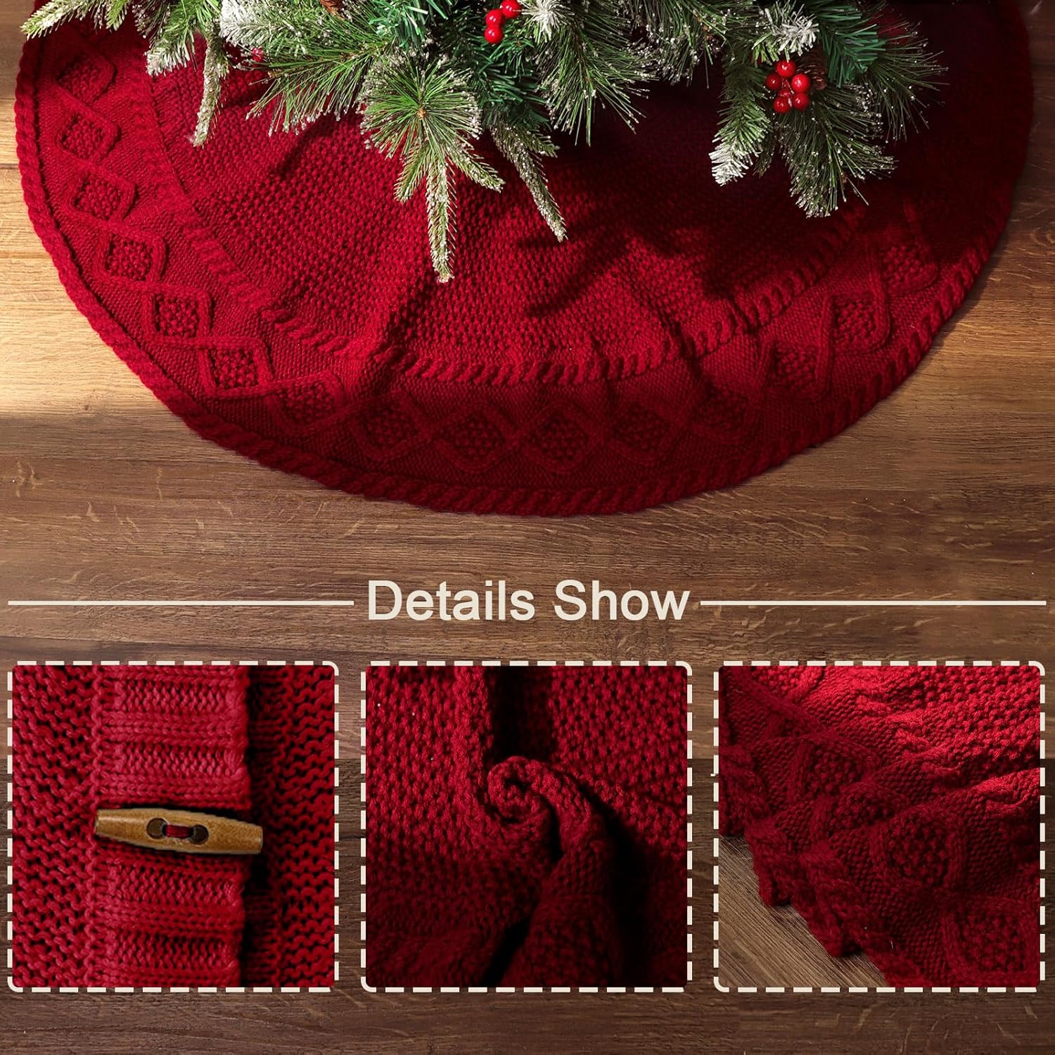 36 inch Christmas Tree Skirt: Pencil Tree Skirt for 6ft Tree, Diamond Edge Knit Small Wine Red Tree Skirt, Vintage Tree Skirts, Rustic Farmhouse Christmas Decorations