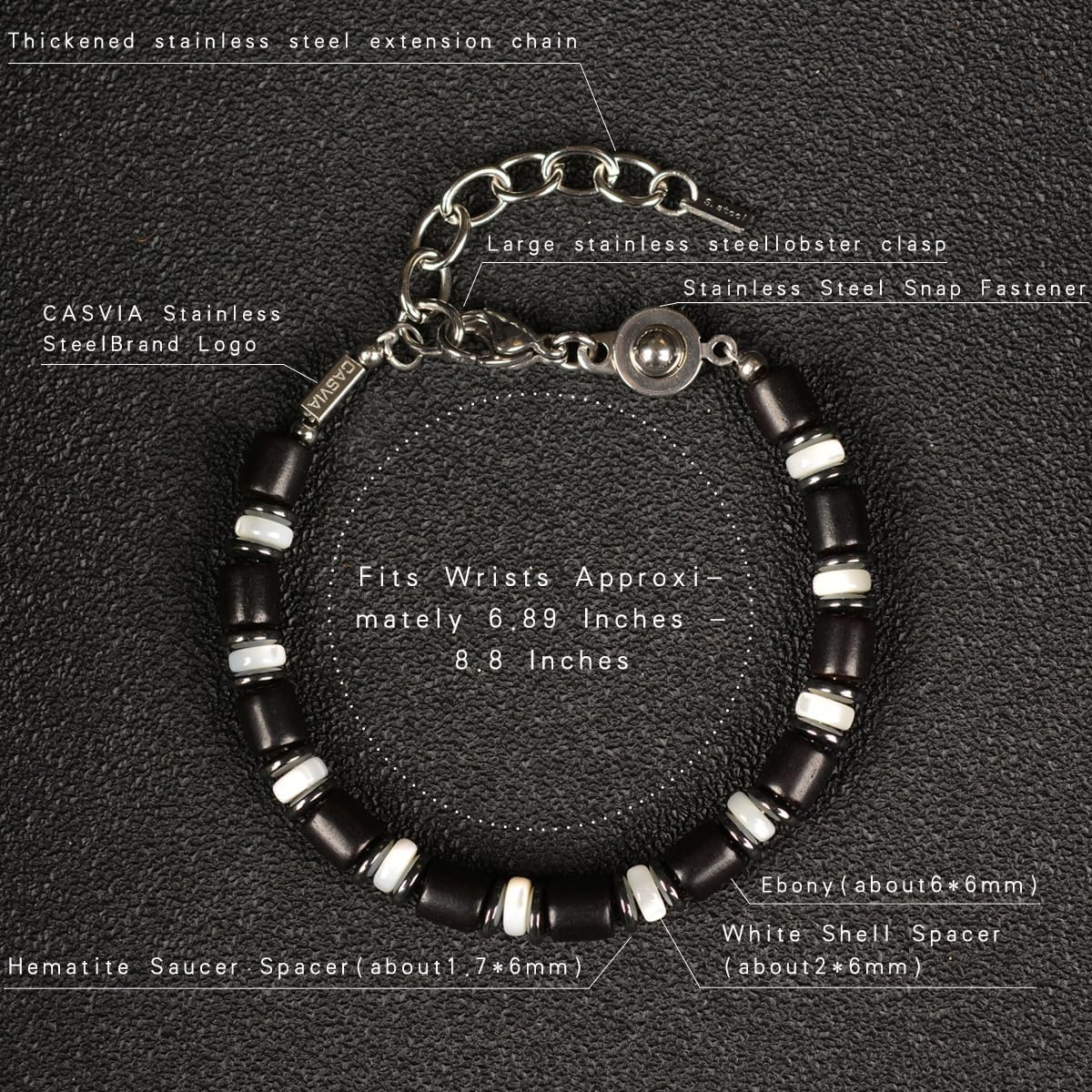 Men's Ebony Eclipse Beaded Bracelet, Handmade Ebony Wood, Shell & Hematite, Stainless Steel Dual-Clasp, Adjustable, Durable Daily Wear, Ideal Gift for Men Dad Boyfriend