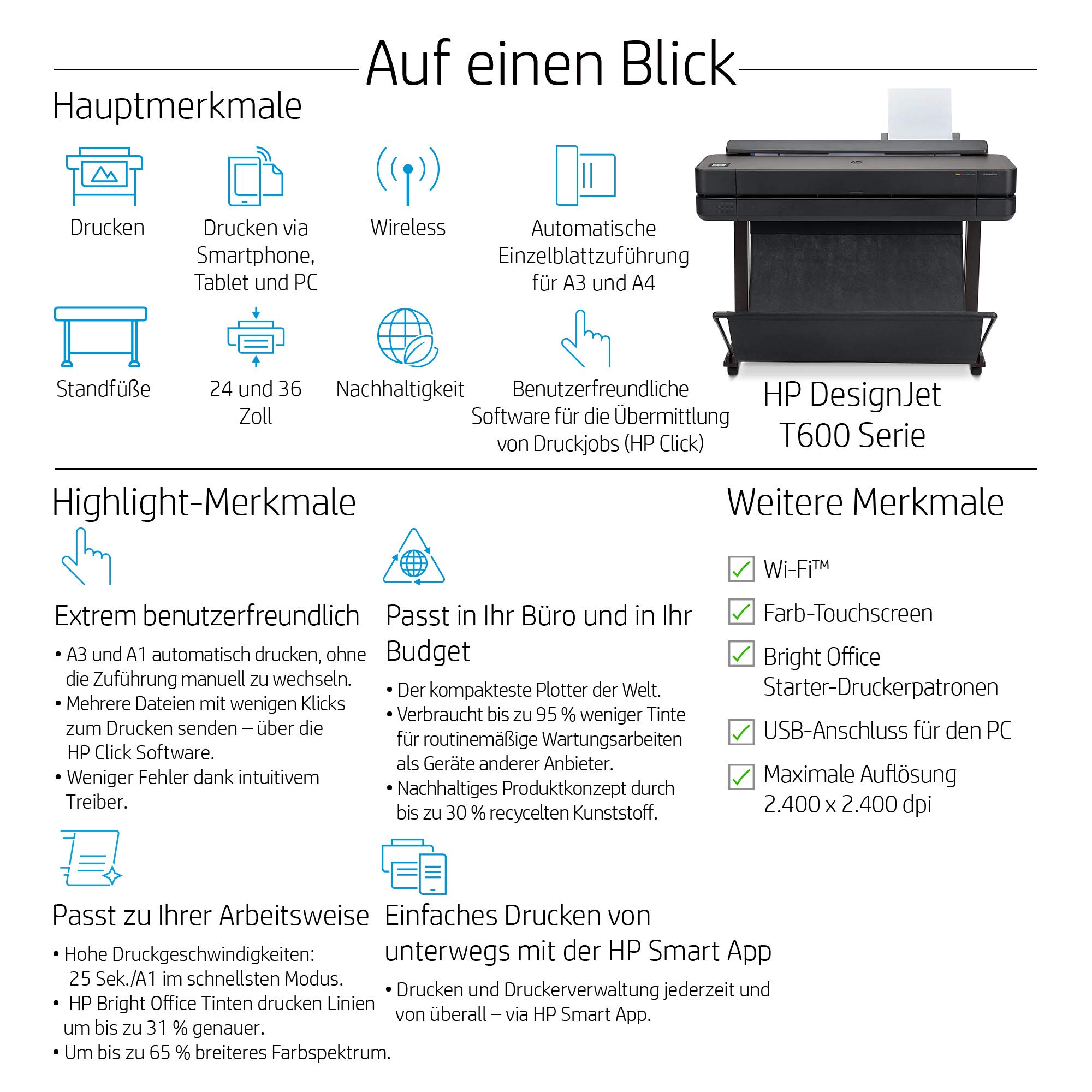HP DesignJet T630 Großformatdrucker, 24 Zoll, bis zu A1, mobiles Drucken, Wi-Fi, Gigabit Ethernet, Hi-Speed USB 2.0, 1 Jahr Garantie (5HB09A), Schwarz