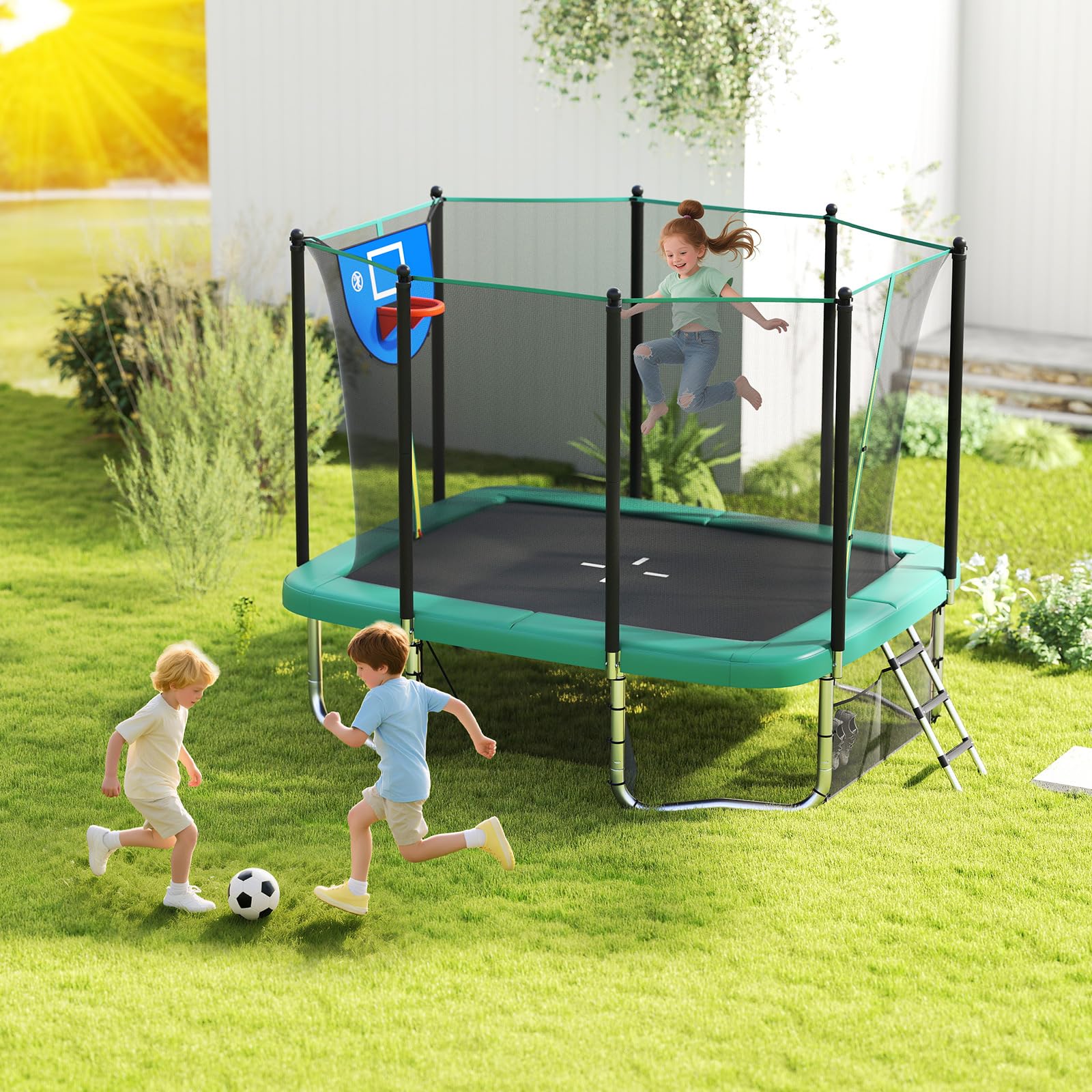COSTWAY Trampoline Exterieur Enfant Adulte 317x255 cm, Panier de Basketball, But de Football, Échelle, Trampoline Rectangulaire, 68 Ressorts, 2 Portes Zippées, Boucles de Sécurité, pour 3 Ans+