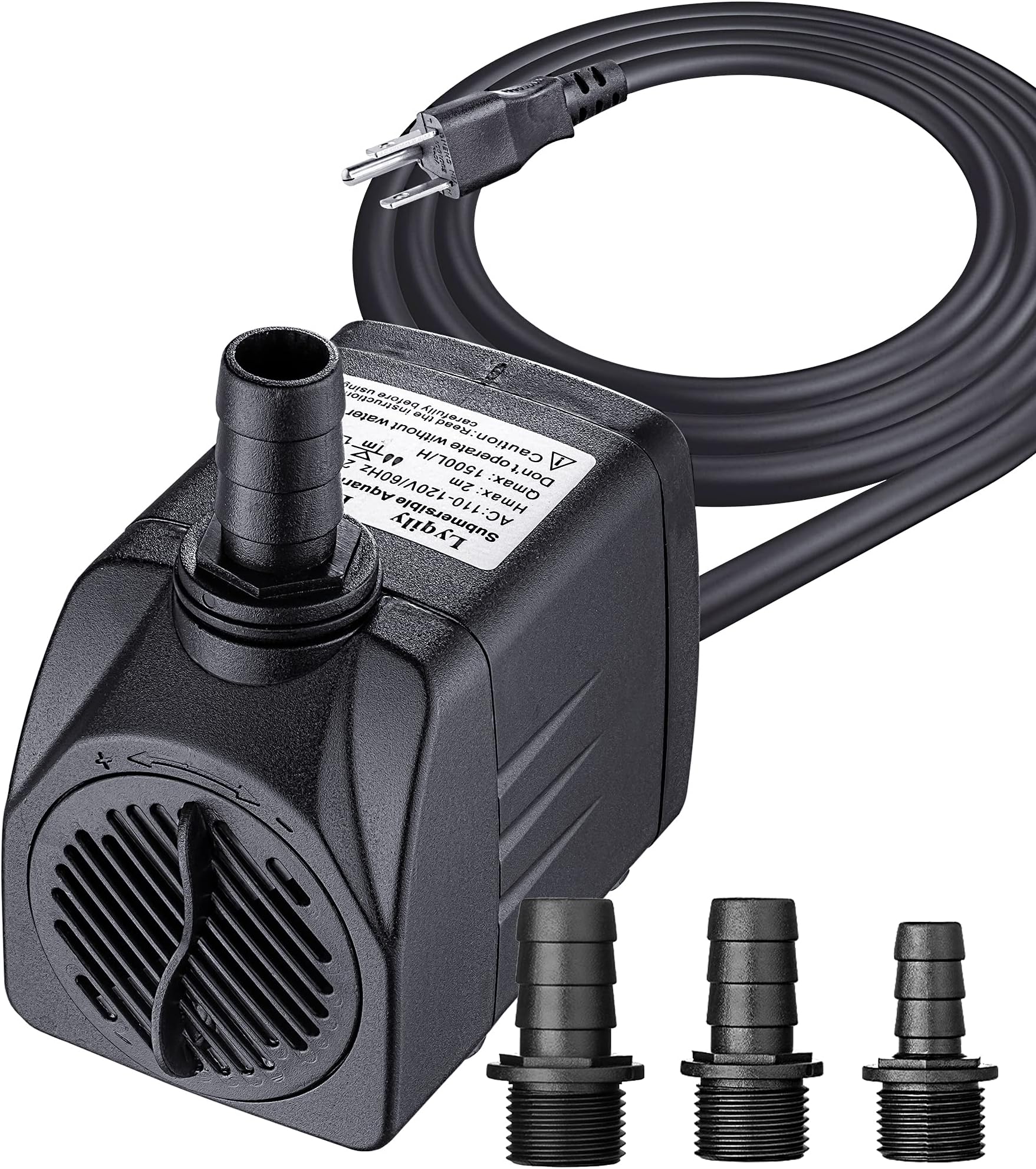 400GPH Water Pump Ultra Quiet 25W Submersible Fountain Aquarium Fish Pond Hydroponic Pump with 6.6ft High Lift, 5.9ft Three-pin Plug Power Cord, 2 Nozzles