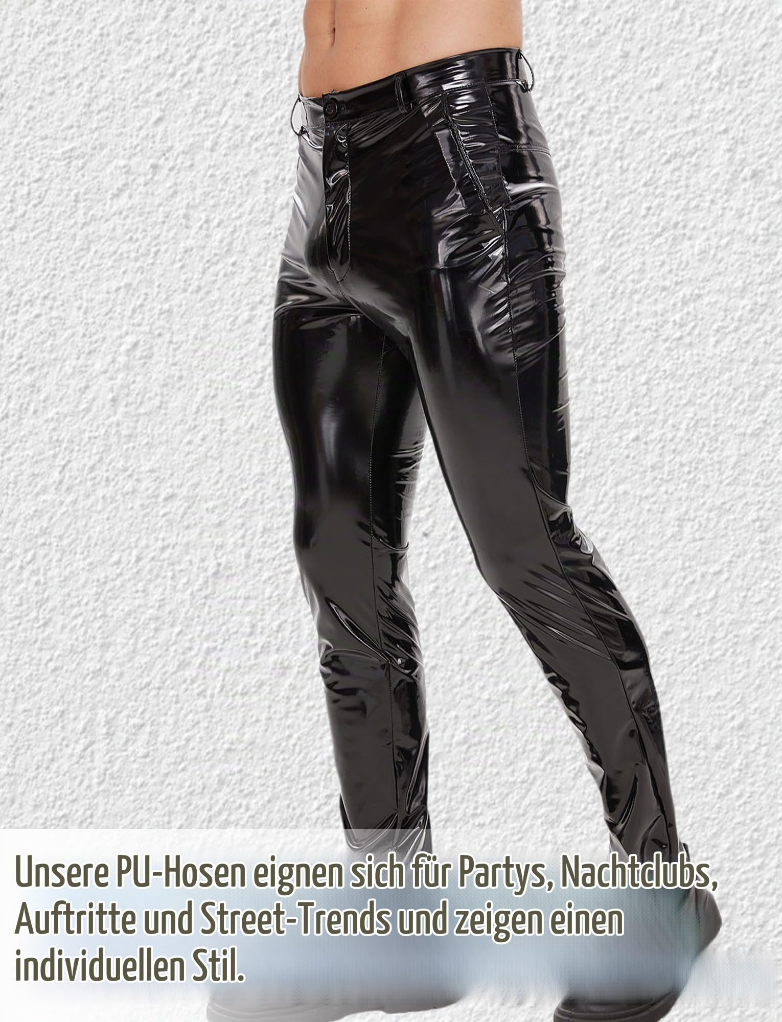 Latex Pants Herren Lang Kunstlederhosen Casual Stretch Slim Fit Hose Leder Bikerhosen mit Taschen Wetlook Kostüm Rave Party Disco Bekleidungset Clubwear