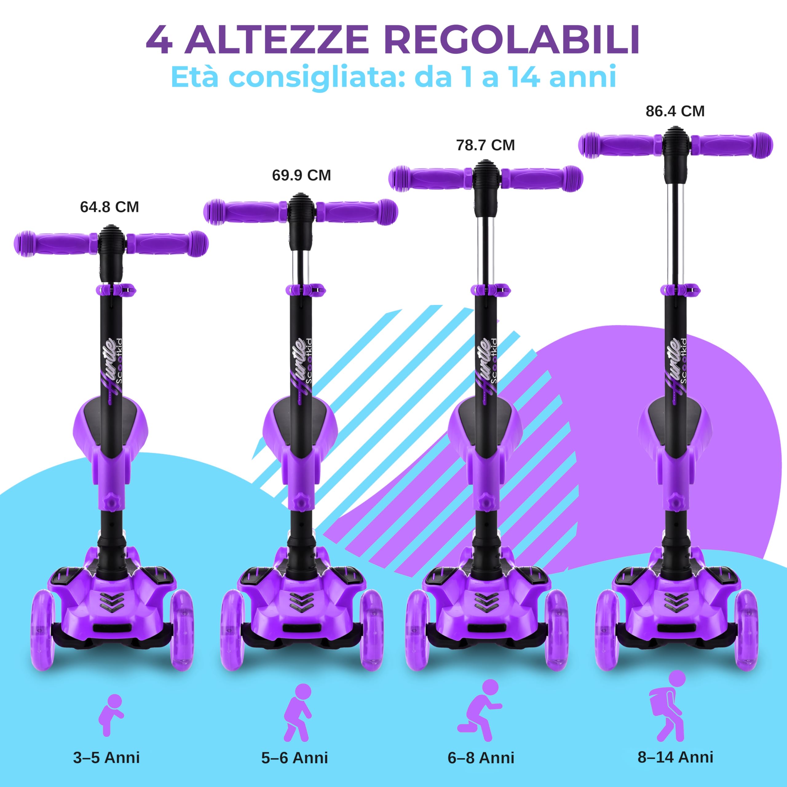 Hurtle Monopattino Bambino, Monopattino Bambina, Monopattino a 3 Ruote, Regolabile in Altezza con Sedile Pieghevole, Scooter per Bambini e Bambine con Ruote LED Multicolore, Dai 1 ai 14 Anni