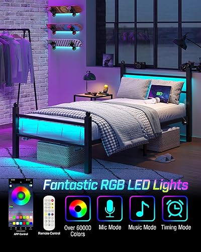 Miniatura 20 de Base de cama de tamaño individual con estación de carga y luces LED, marco de cama de metal con cabecero, cabecera tapizada negra con estantes de