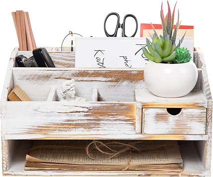 Wood Desk Drawer Organizers with File Organizer Pen holder Office Decor combo Organization Home Can Arrange calculators scissors pens note papers, etc. washed white