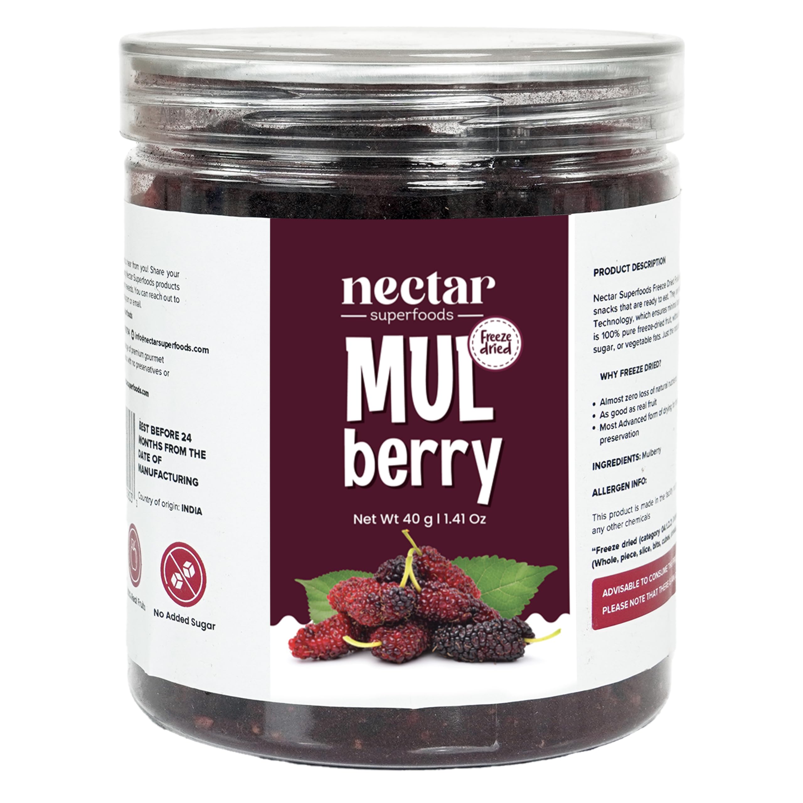 Nectar Superfoods Freeze Dried Mulberry - 40 grams Jar-Pack of 1 Nos | 100% Natural & Pure | No Preservatives, No Sugar Added, Vegan | Ideal for Cooking & Seasoning | Made in India-image-8