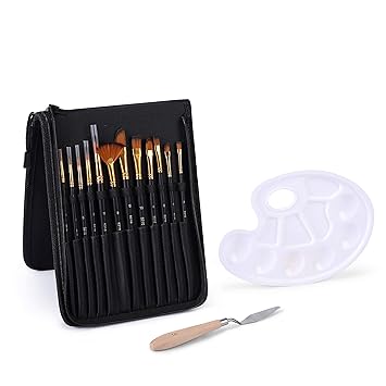 Chitrakala 12 Piece Artist Painting Brush Set Includes Palette and Knife in Zippered Carry Case(Plastic Nylon Wood)