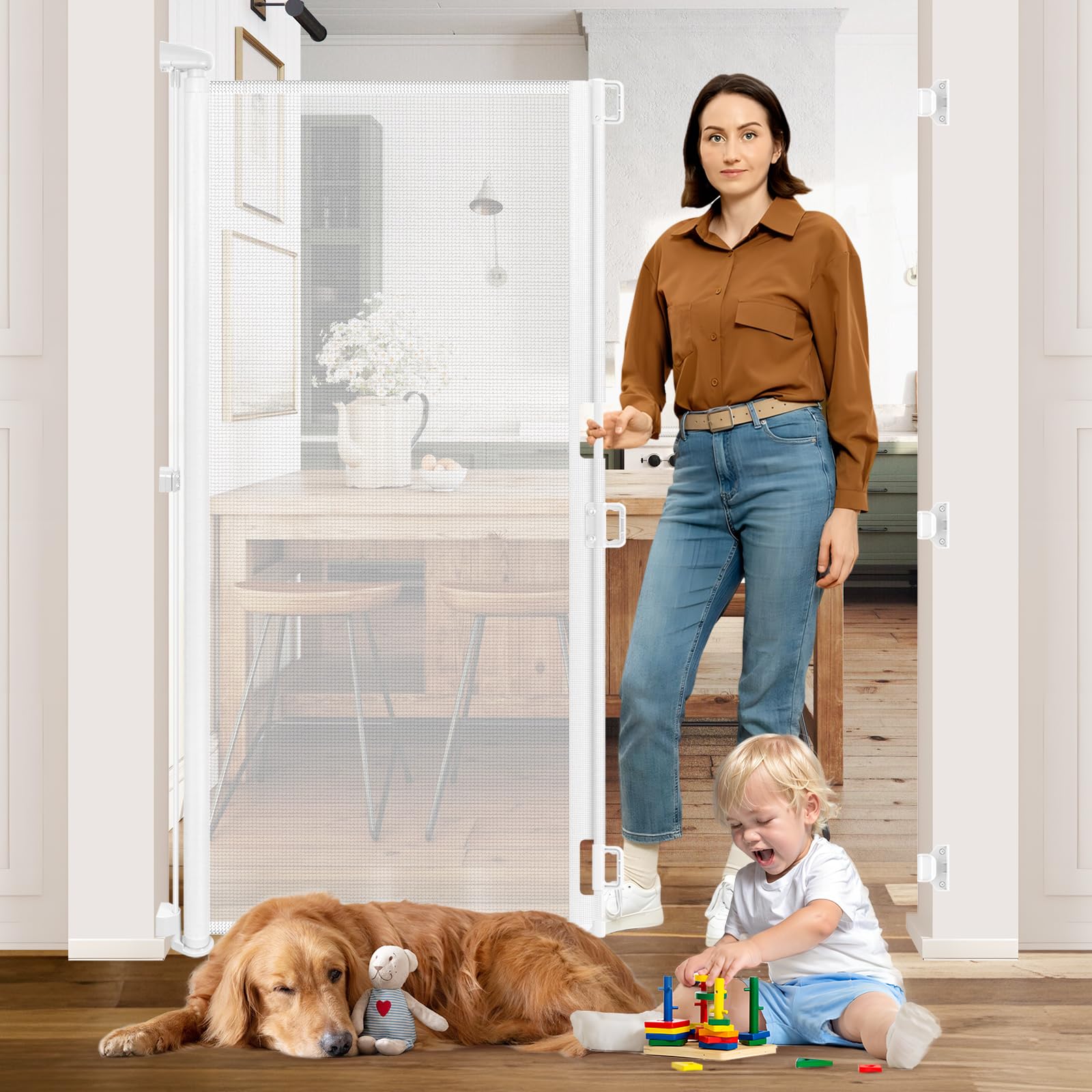 65” Extra Tall Baby Gate Retractable Pet Gate Indoor 55” Wide Retractable Dog Gate Outdoor Gate Retractable Gate Mesh Baby Gate Tall Dog Gates for Doorways Tall Retractable Baby Gates for Dogs, White