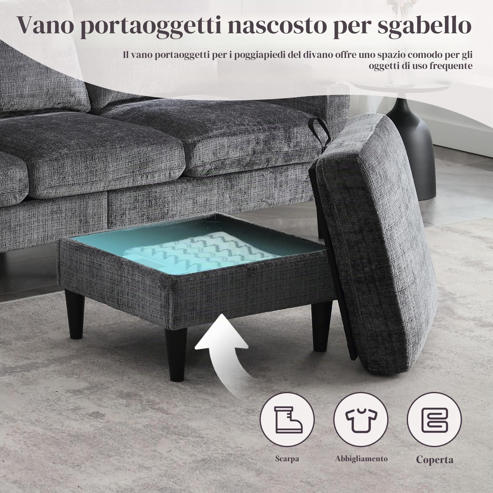 Divano componibile moderno a 4 posti, divano ad angolo in ciniglia, con uno sgabello portaoggetti rimovibile, 2 portabicchieri e tasca portaoggetti laterali (grigio)
