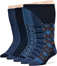 7BigStars Men Diabetic Loose Dress Business Cotton Mid Calf Socks - 5 Pack Big Tall - Geometric, Argyle, Stripe - Sock Size 13-15 Shoe Size 12-15 XL Dark Navy, Denim Blue