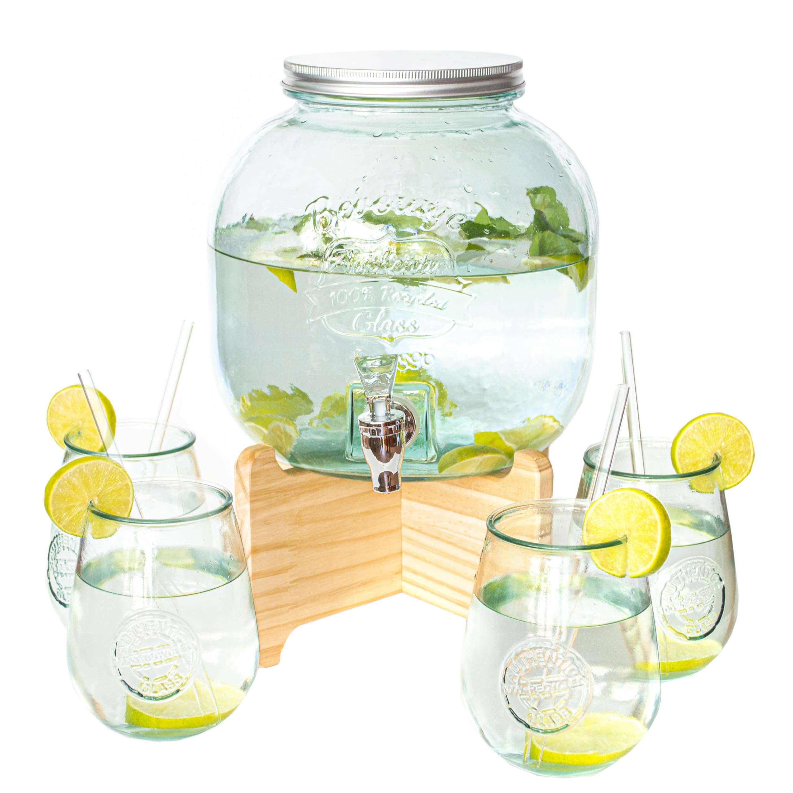 Dispensador de bebidas con soporte, vasos y pajitas. Jarra agua cristal 100% reciclado con grifo. Recipiente de vidrio reciclado, base de madera y vasos+pajitas. Mojito vino sangria (6 LITROS)