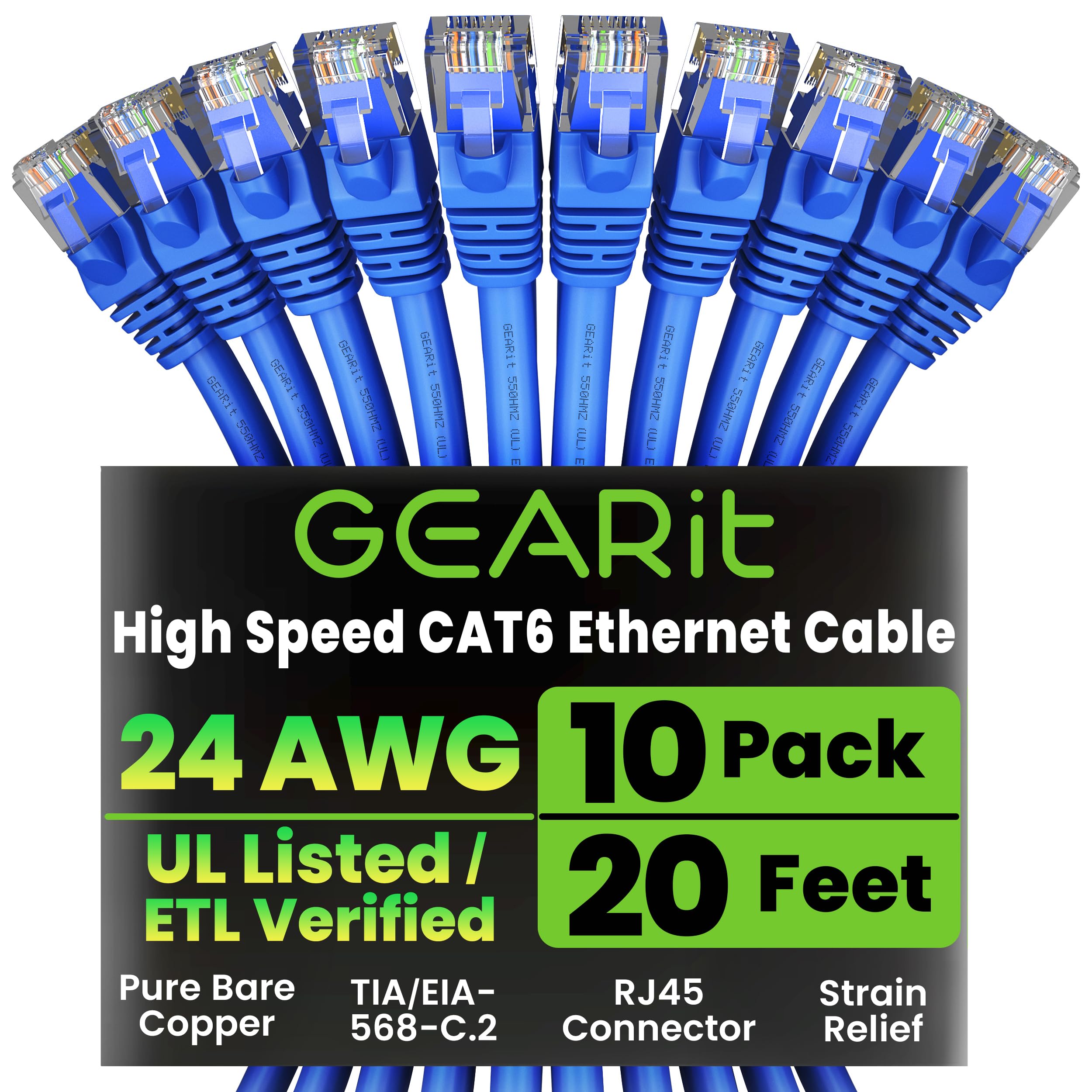 GEARit Cat 6 Ethernet Cable (10-Pack 3 Feet) Cat6 Network Patch, 10Gbps, RJ45, Snagless Cord, Gold-Plated Connectors, Internet for PC, TV, Tablet, Router, Printer, Servers, IT Data Center - Blue — view 26