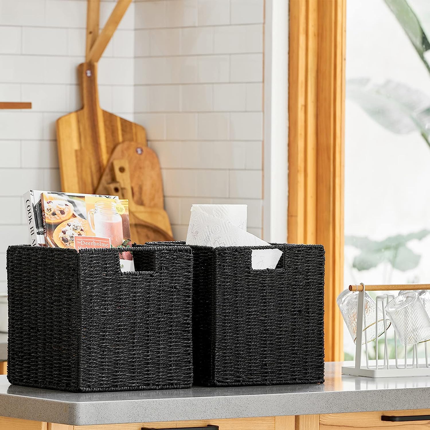 2 Cestas de Almacenaje, Cesta Mimbre Tejidas a Mano Cubo 28CM, Cesta Grande Plegable de Papel de Jacinto de Agua con Asas, Cesto Decorativo para Baño Estanterías Kallax Cocina