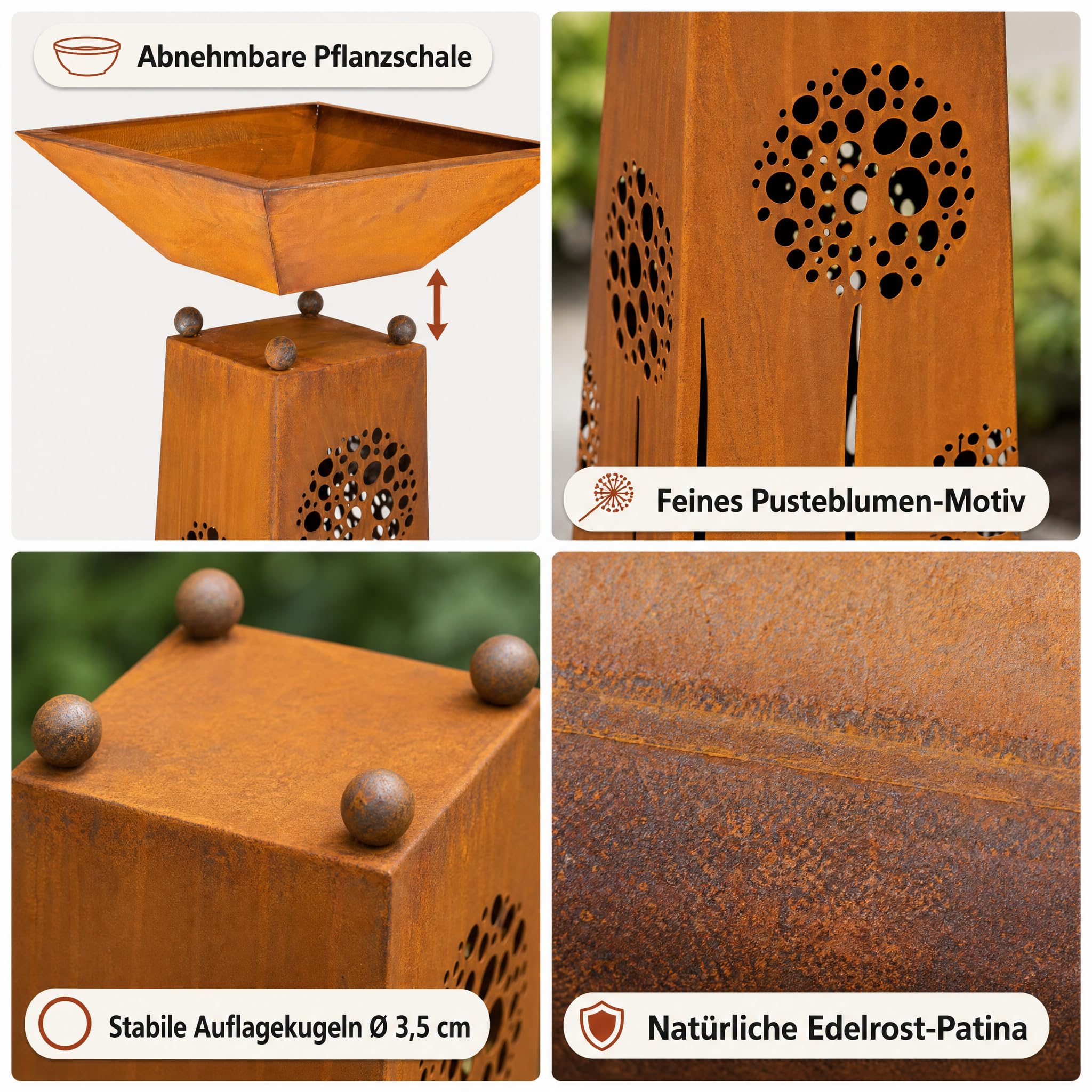 Rostikal Edelrost Pflanzsäule mit Schale 120 cm – Rostige Gartendeko mit Pusteblumen-Motiv – Handgefertigter Blumenständer mit eckiger Pflanzschale 50 x 50 cm - wetterfester Cortenstahl