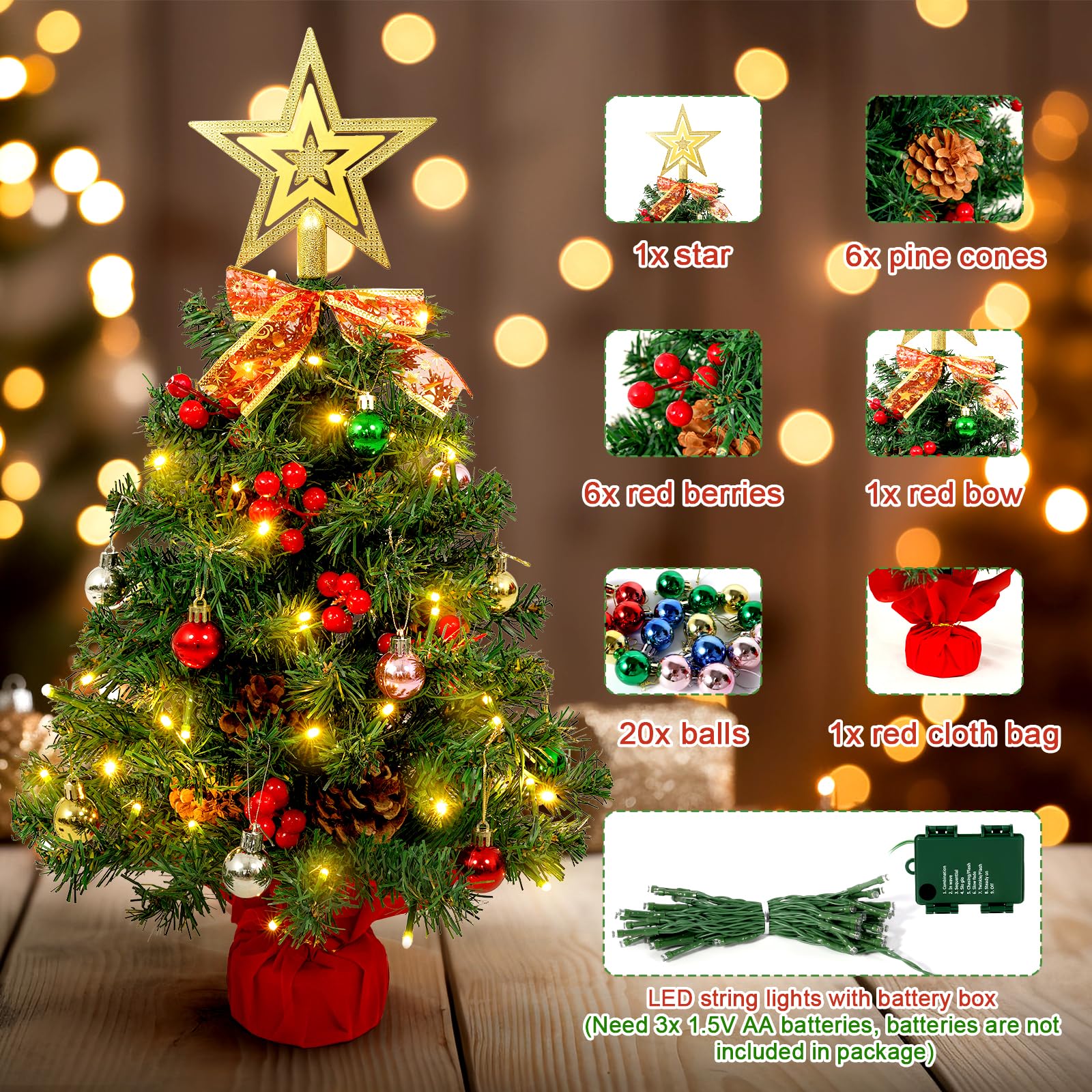 Uten 2ft/60cm Mini Christmas Tree, Tabletop Christmas Tree with 50 LED Light String, 6 Groups Red Berries & 6 Pinecones - Image 2