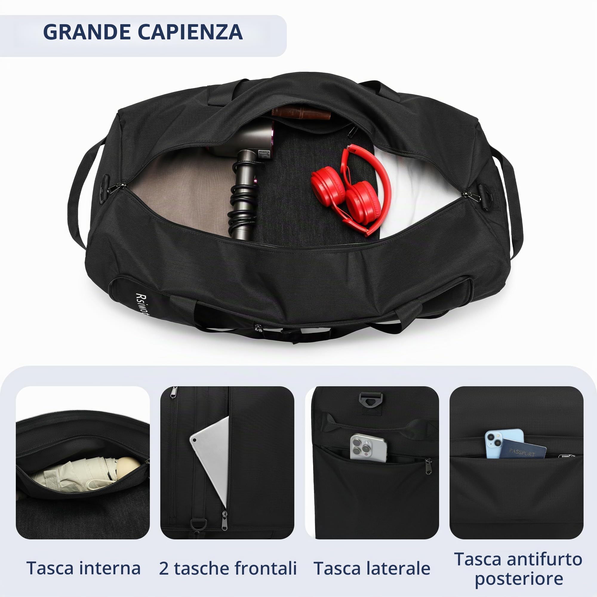 Borsone da Viaggio e Palestra 90L Pieghevole Impermeabile, Borsa Sportiva Grande Capacità 69x32x40 cm, Unisex per Donna e Uomo (Nero)