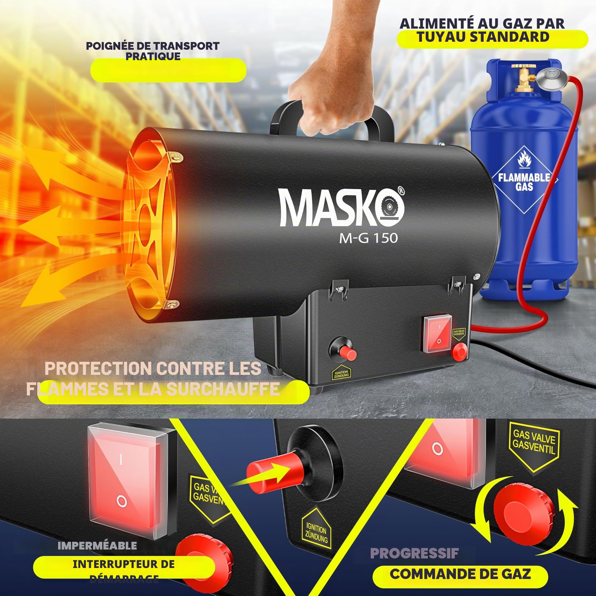 Masko® Radiateur soufflant à gaz Chauffage à gaz Canon à Chaleur Chauffage Radiant au gaz Chauffage de Chantier Chauffage à gaz Chauffage Radiant Générateur d'air Chaud, Noir, 15 KW
