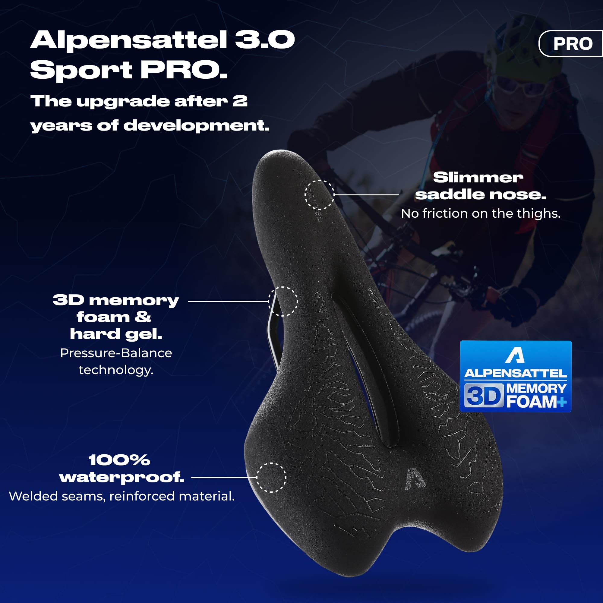 ALPENSATTEL® Sillín de bicicleta ergonómico [espuma viscoelástica 3D] – Sillín para hombre y mujer – Material transpirable para una distribución ideal de la presión – Soporte universal para cada rueda