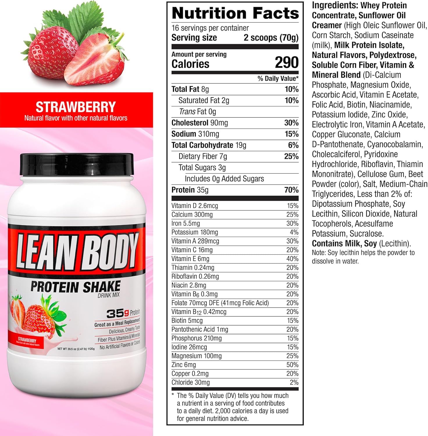 Labrada Nutrition Lean Body Hi-Protein Shake, Strawberry, 2.47-Pound Tub Strawberry Packaging May Vary