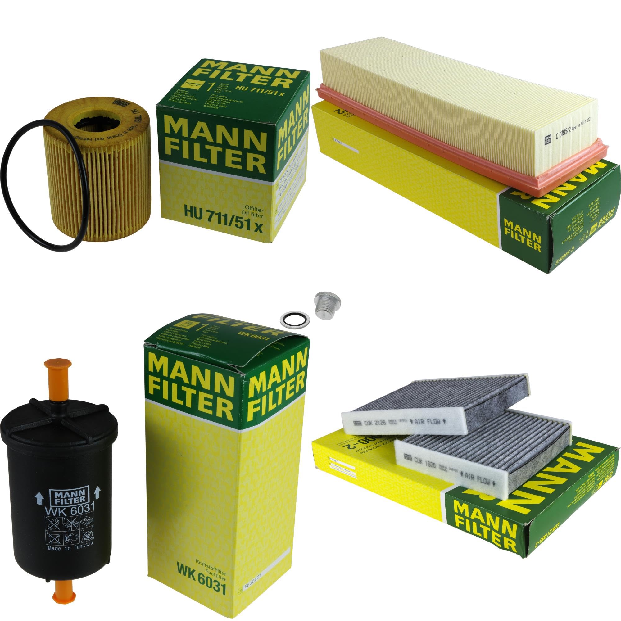 Paquete de inspección Kit de mantenimiento de filtros con filtro de aceite HU 711/51 x, filtro de aire C 3485/2, filtro de combustible WK 6031, filtro de habitáculo CUK 21 000-2, tornillo de