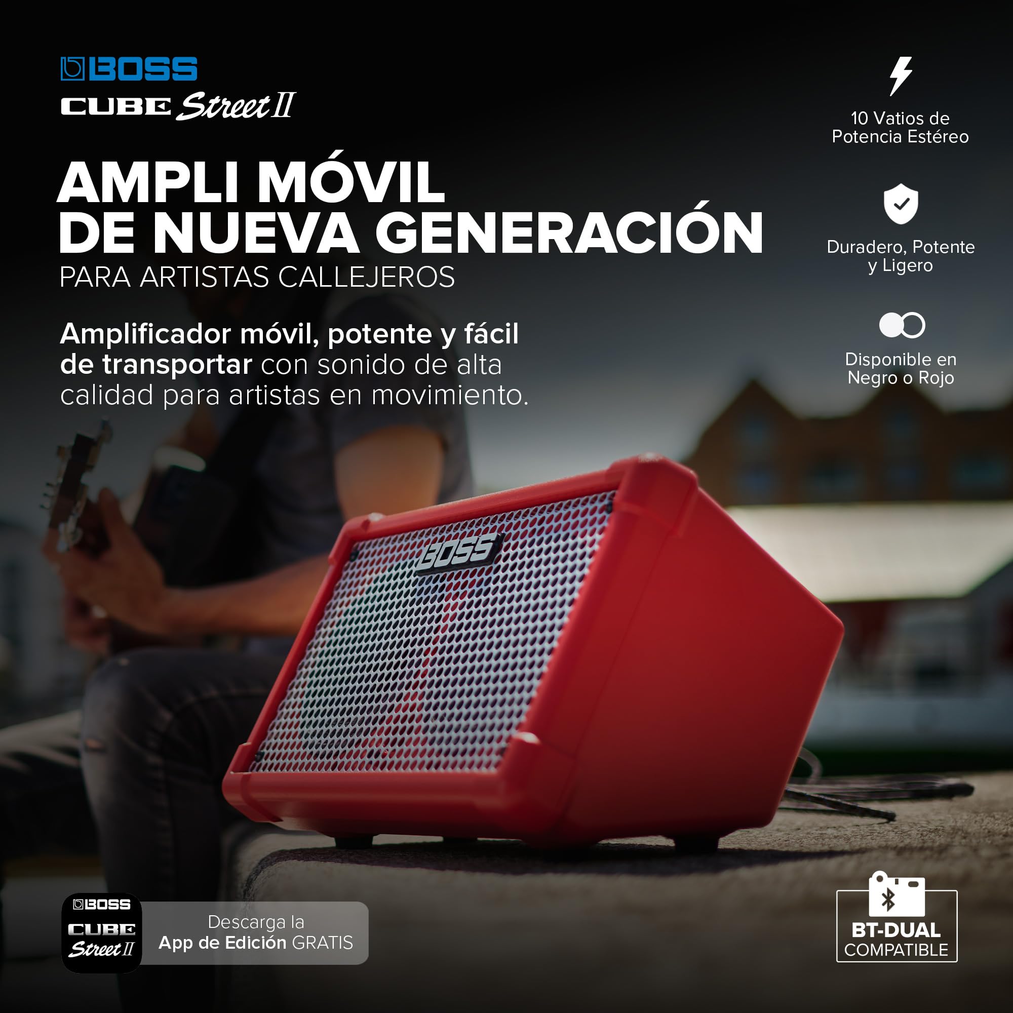 BOSS Cube Street II | Amplificador estéreo de batería portátil | Sonido Ideal para Artistas callejeros | Admite micros, Instrumentos y Dispositivos de Audio | Rojo