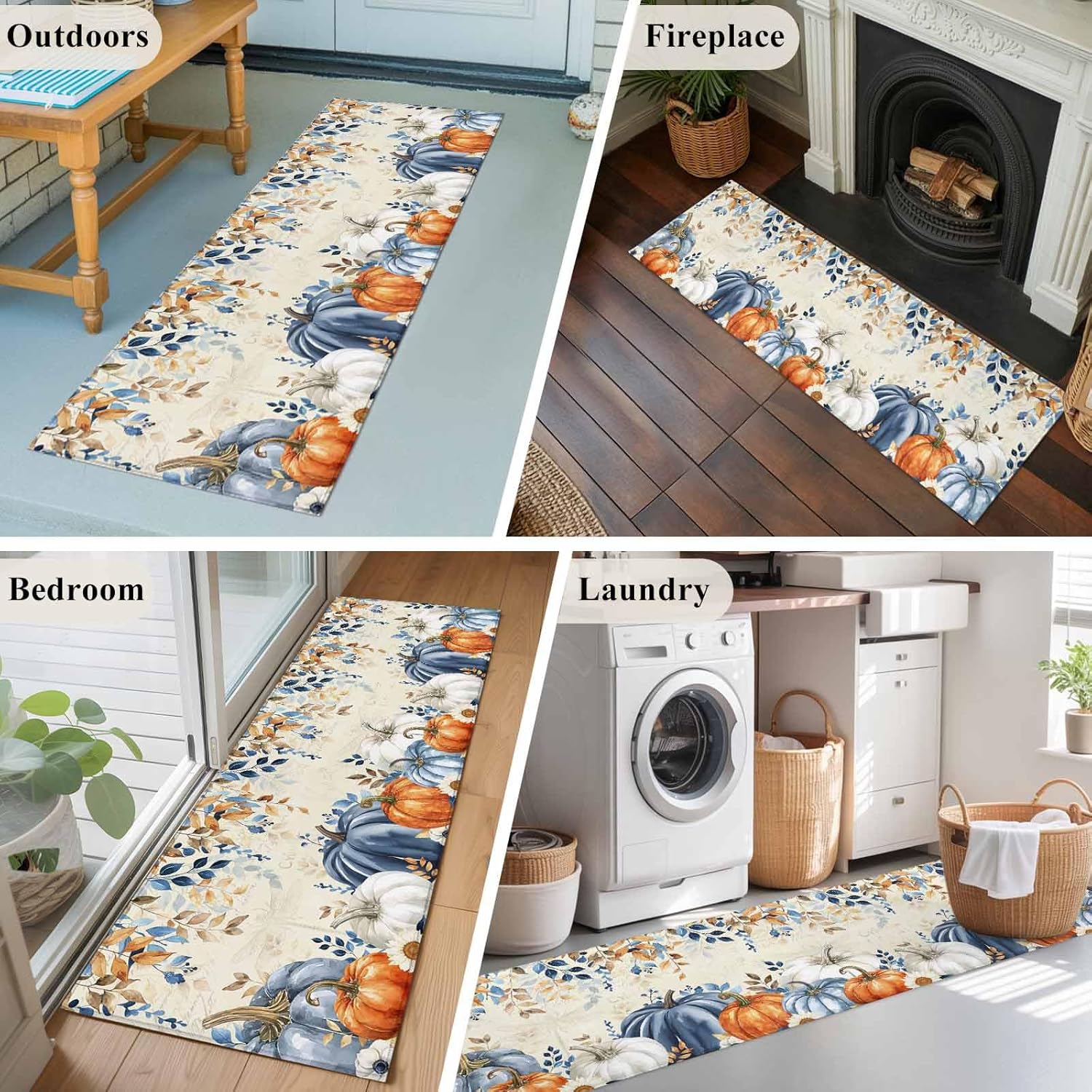 2'x6' Runner Rug, Thanksgiving Pumpkin Washable Non-Slip Area Rugs for Hallway Kitchen Floor Bedroom Entryway, Fall Blue White Orange Plants StainResistant Laundry Carpet Decoration Indoor Mat