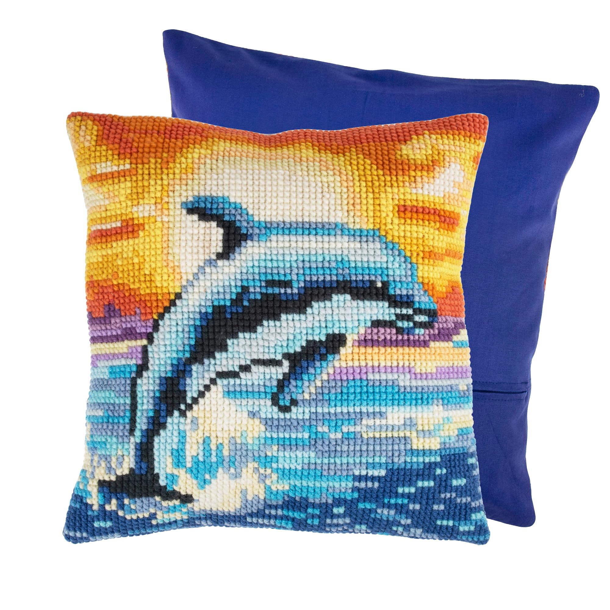 Trimits Cross Stitch Cushion Kit, Cushion Back Included, Pre Printed Canvas, Yarn and Needle Included 40 x 40cm (15.75 x 15.75in), Dolphin