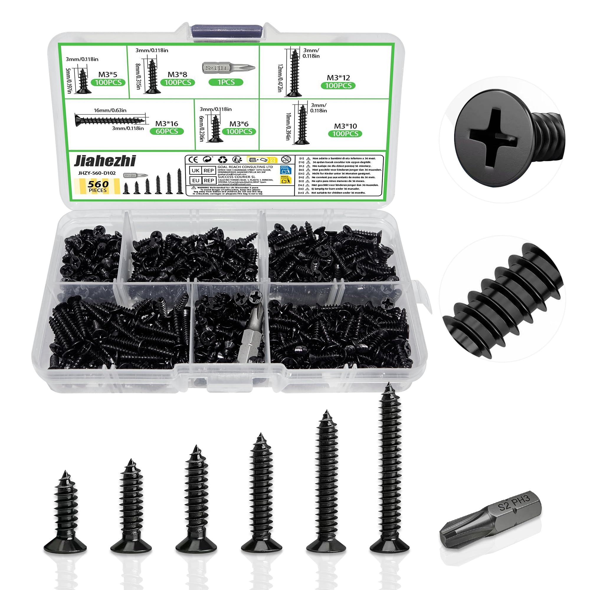 Jiahezhi 560 Pcs Self Tapping Screw Set M3 Wood Screws Assortment kit