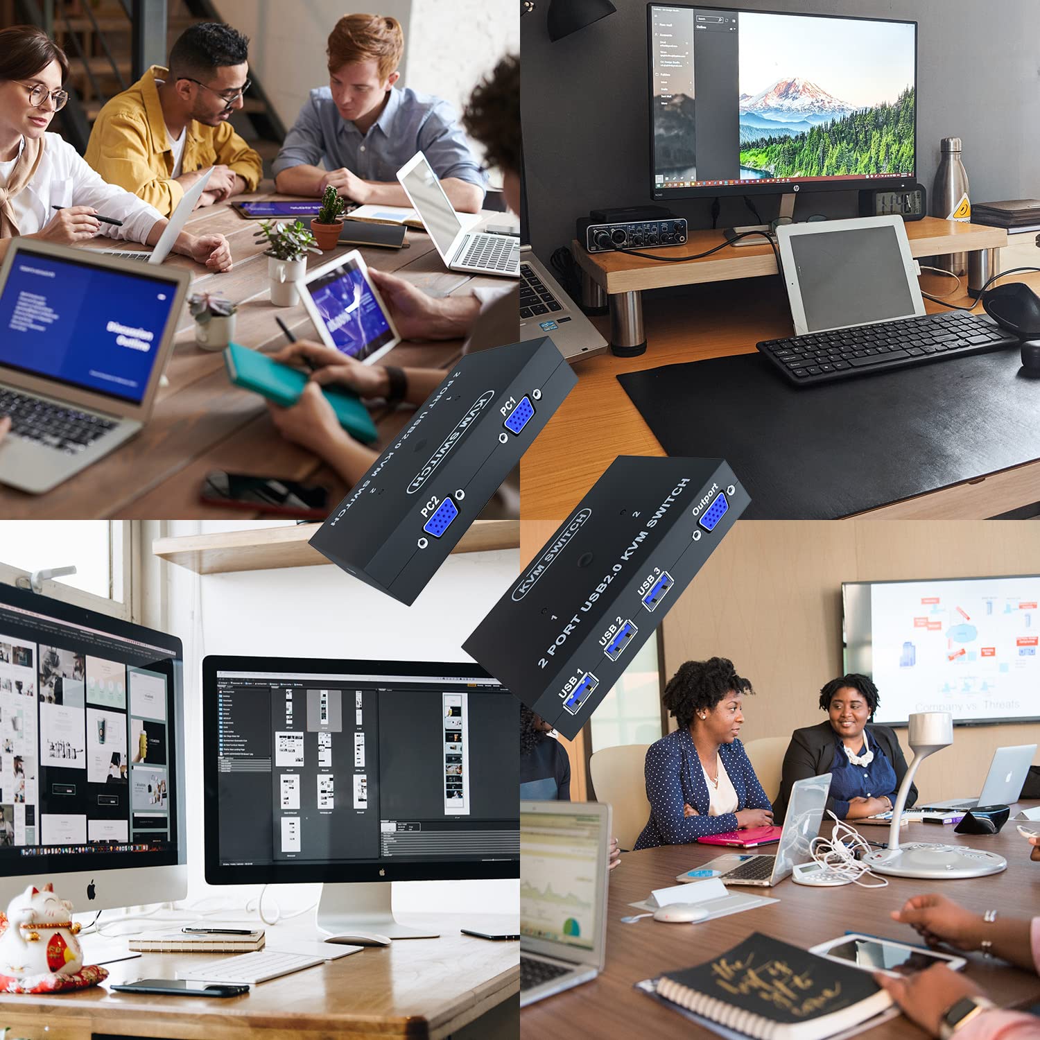 Conmutador KVM VGA de 4 puertos – Conmutador KVM VGA para 4 computadoras Comparta 1 monitor y 3 dispositivos USB 2.0, teclado y ratón, escáner impresora, disco U, sin controlador para todos los 7