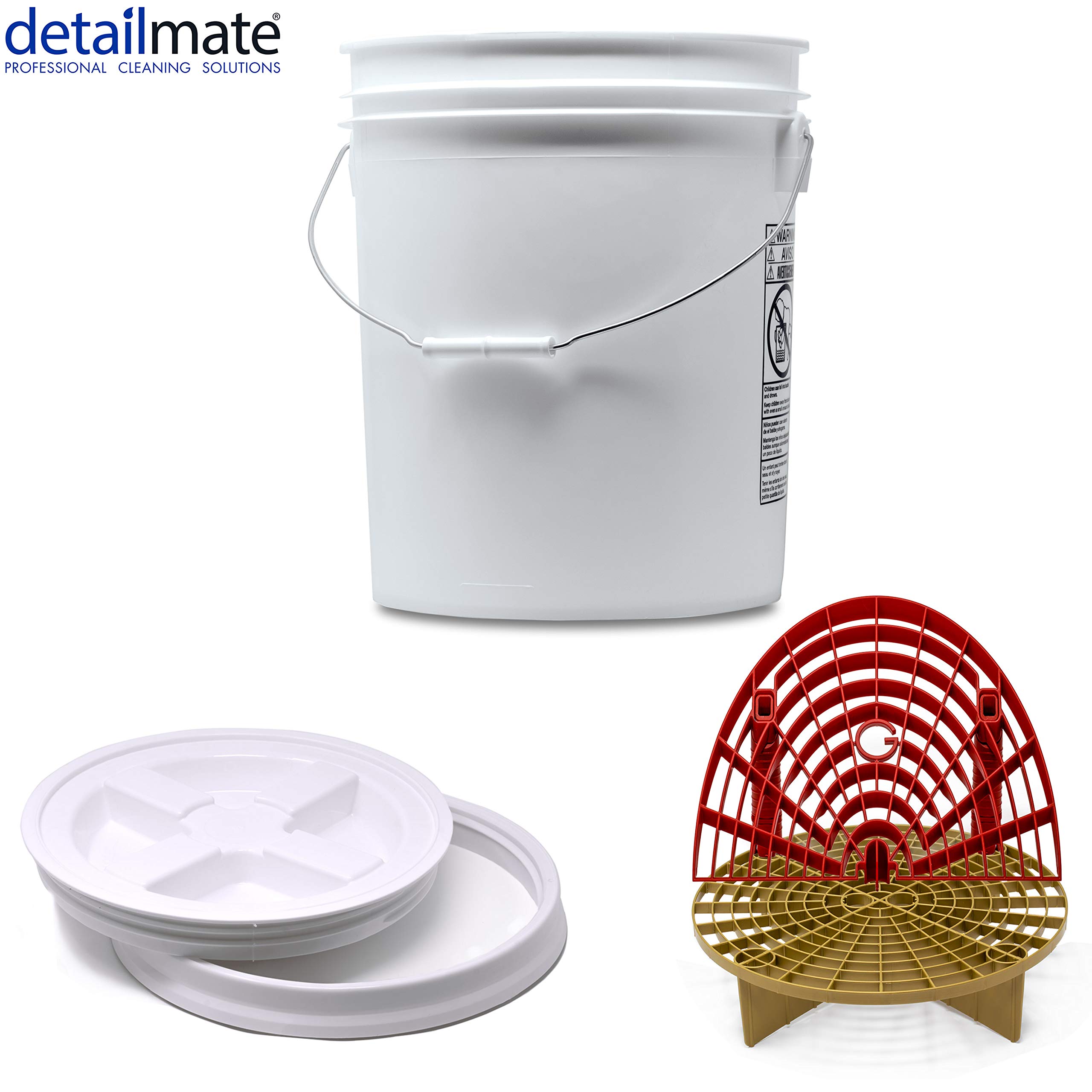 Detailmate professionelles Wasch Eimer Set: Magic Bucket Wascheimer 5 GAL (ca. 20 Liter), Gamma Seal Eimerdeckel weiß, GritGuard Schmutz Einsatz Gold, GritGuard Washboard rot