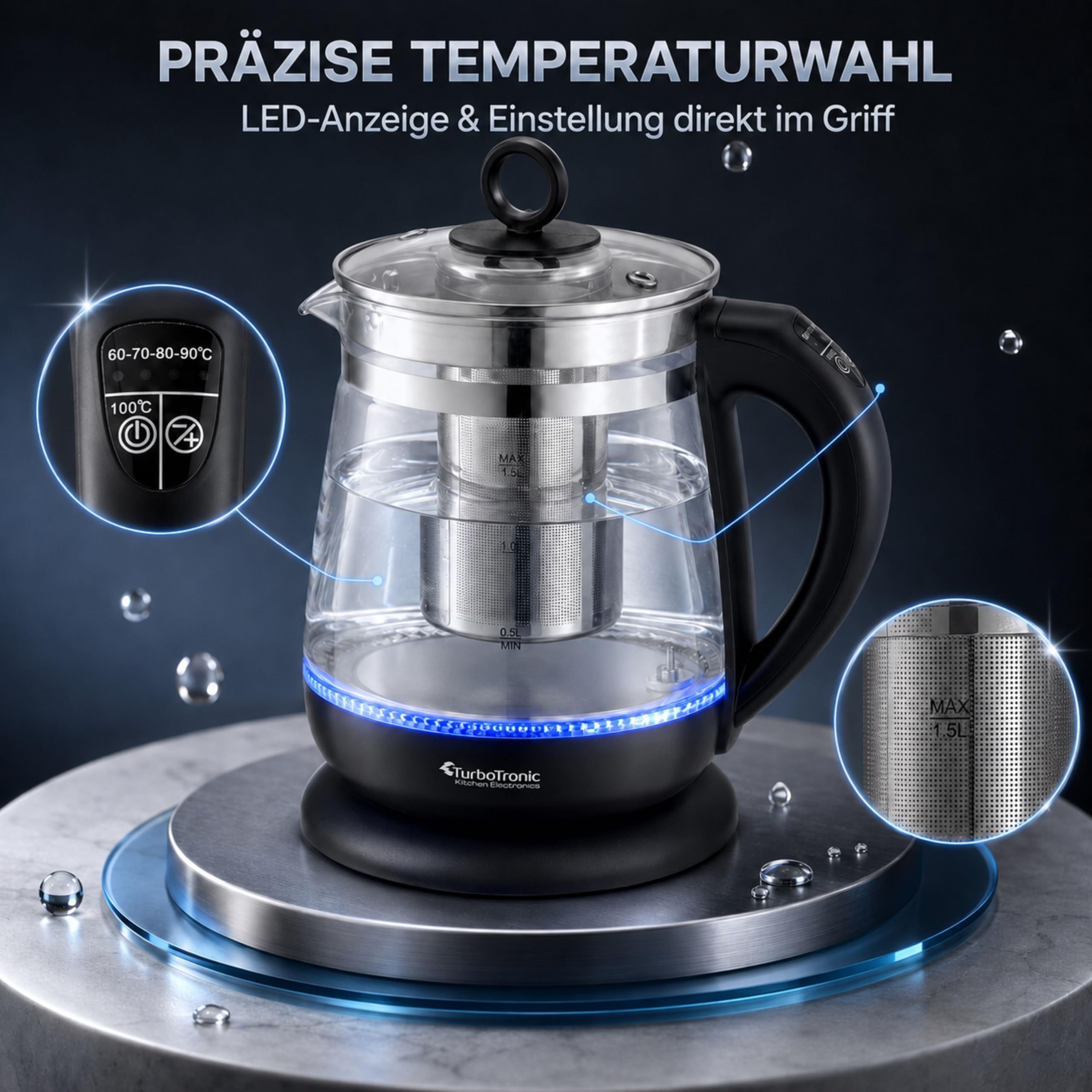 TurboTronic Glas Wasserkocher 100% plastikfrei, 1,5 Liter mit Edelstahl Kalkfilter, LED Beleuchtung und Temperaturwahl, BPA Free