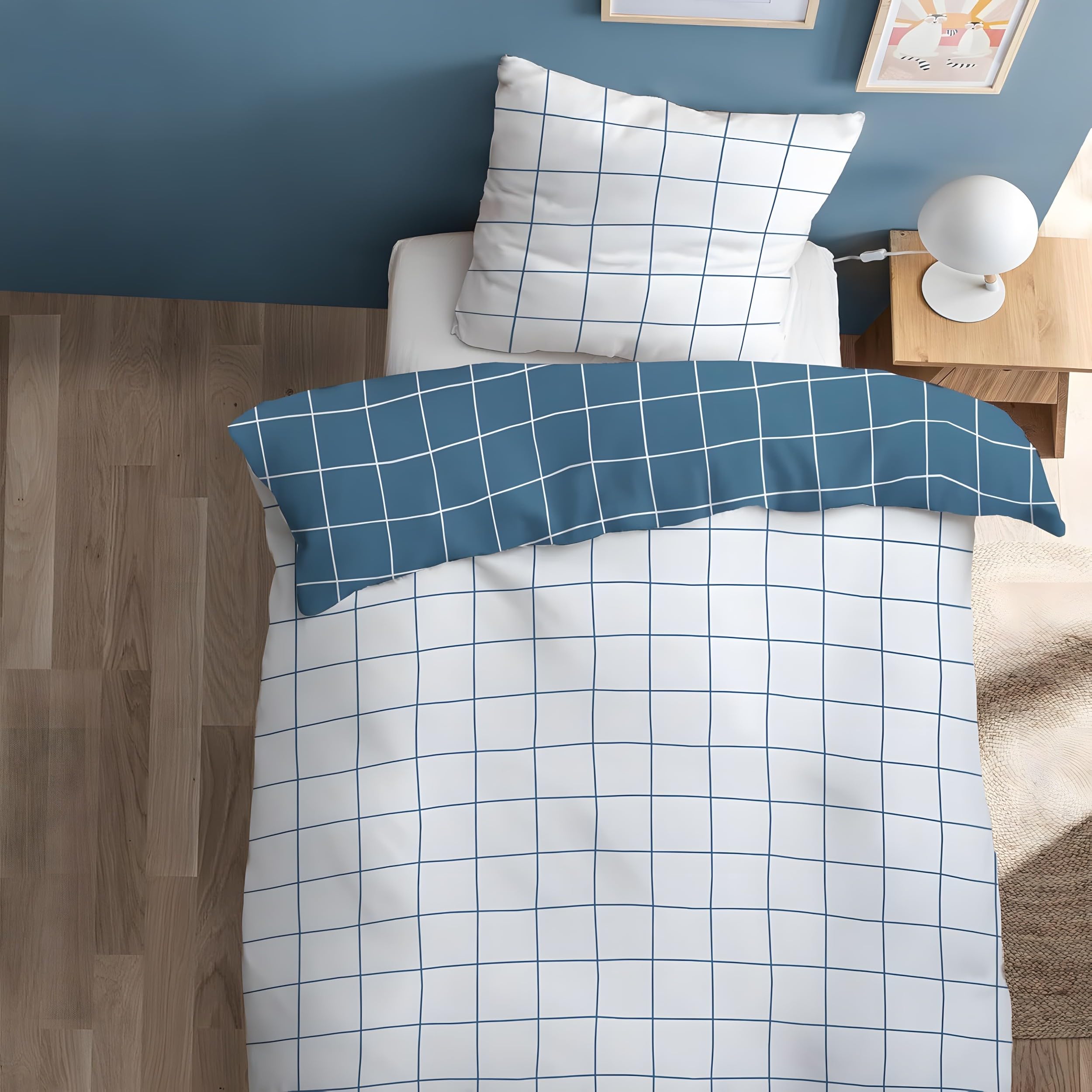 YZQGLHP Simple Hand-Drawn Plaid Emperor Duvet Cover Blue and White Printed Microfiber King Size Duvet Cover Set with 2 Pillowcases 50x75 cm, Soft & Cozy, Easy Care with Hidden Zipper