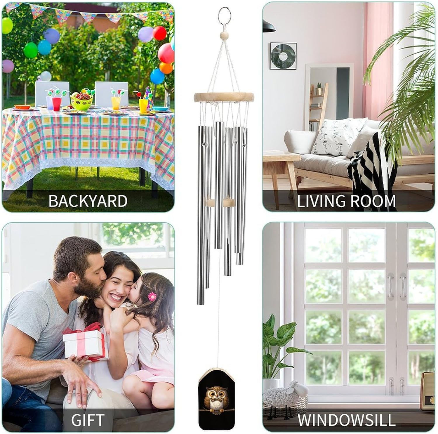 Cute Leopard Pattern Owl Wooden Wind Chimes Deep Tone Memorial Windchime for Outside Garden Home Decoration