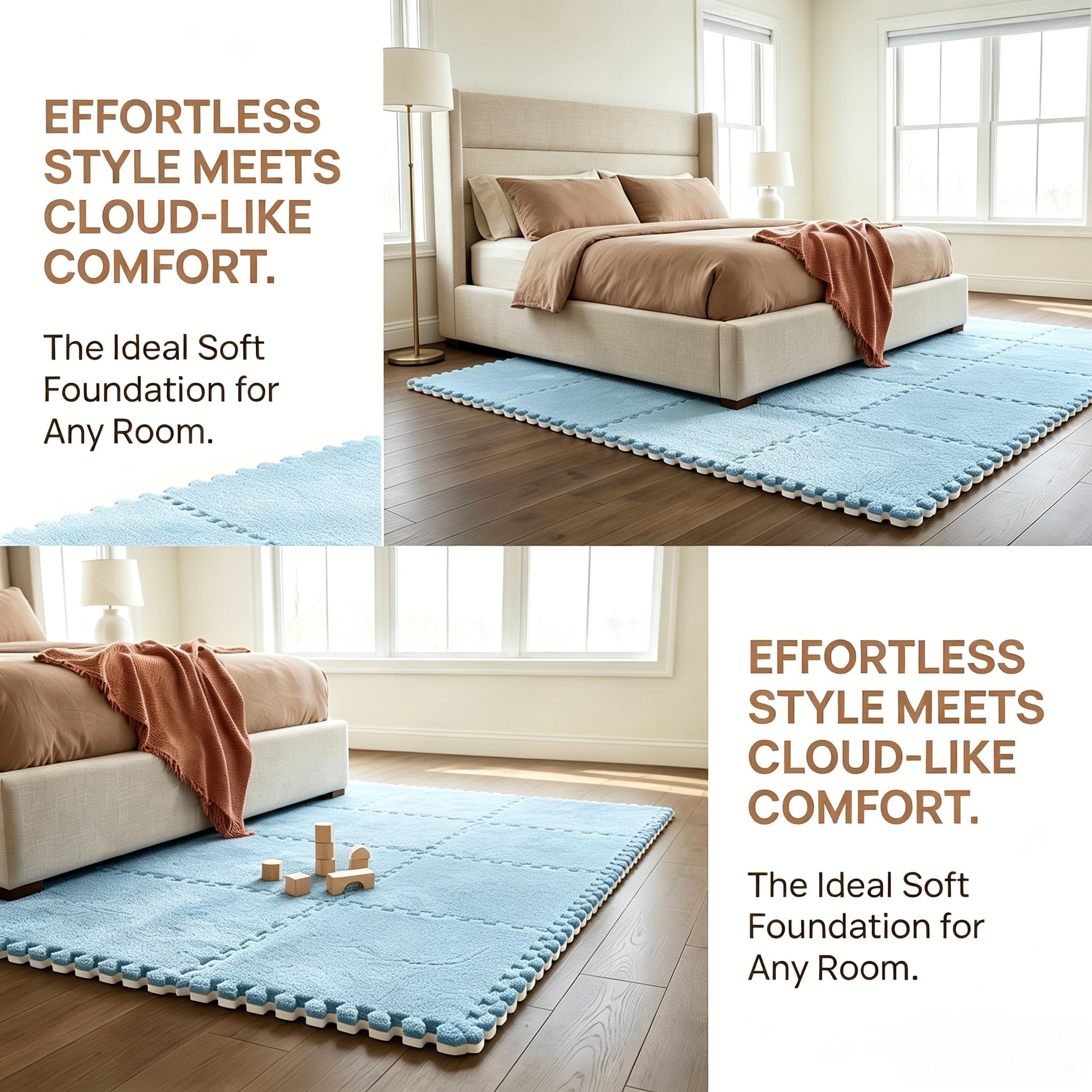 Lot de 12 tapis puzzle emboîtables en peluche, 30 x 30 cm, tapis puzzle en mousse, tapis de sol, tapis puzzle pour bébé, tapis de sol en mousse, pour salon, chambre à coucher, bleu ciel