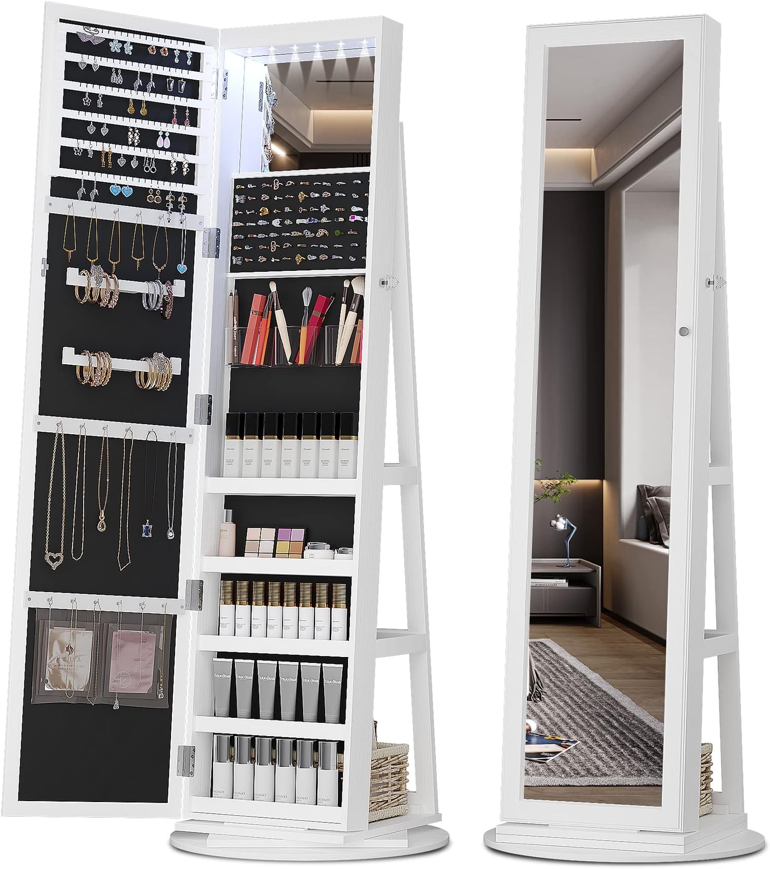 OUTDOOR DOIT 360° Rotating 67'' Jewelry Armoire with 6 LEDS, Full Length Mirror Large Capacity Jewelry Organizer Armoire, Lockable Floor Standing Mirror with Back Storage Shelves