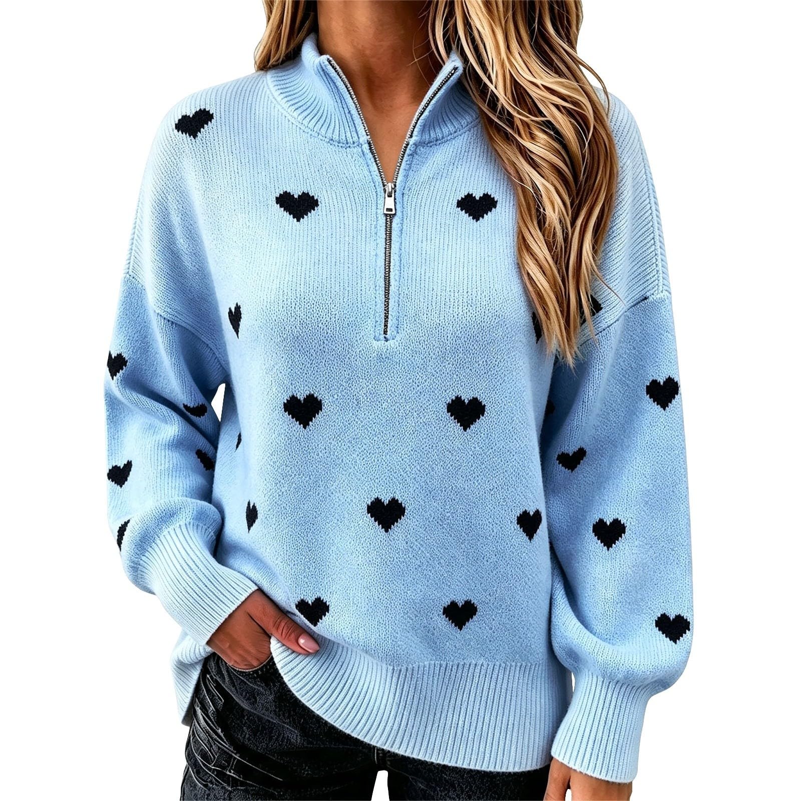 Donna Maglione Mezza Zip Cuore Collo Alto Manica Lunga Maglia Pullover