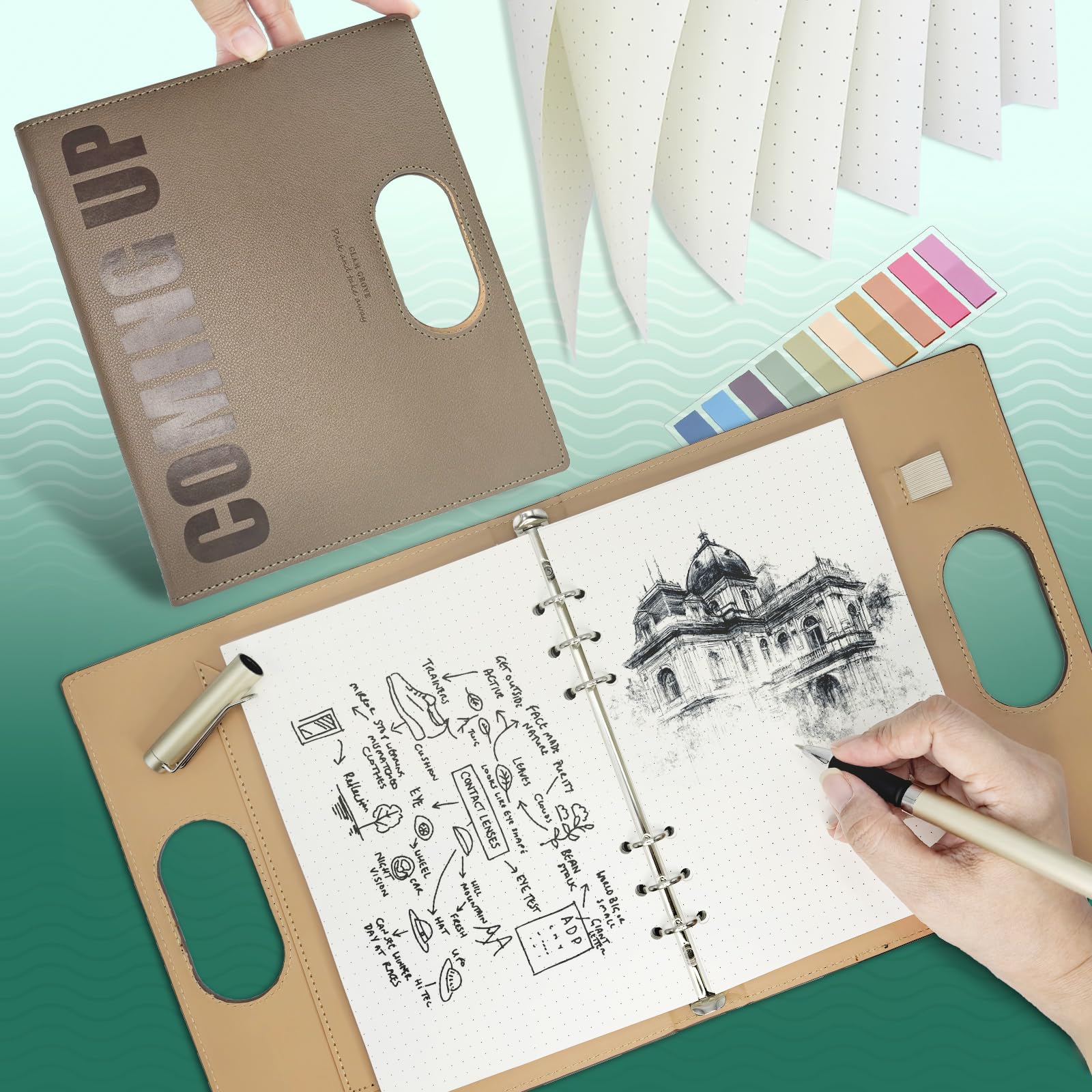 Przenośny notatnik A5 w kropki, 14,7 x 21,1 cm, 160 stron grubego papieru 100 g, konstrukcja z 6 pierścieniami z pętelką na długopis i naklejkami na zakładki indeksowe, idealny do pisania, podróży