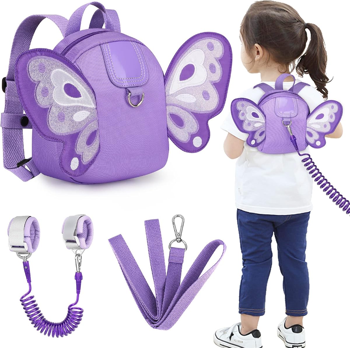 Toddler Harness Backpack Leash, Cute Butterfly Kid Backpacks with Anti Lost Wrist Link, Mini Child Backpack Harness Leashes Walking Wristband Travel Bag Harness Rein for Baby Girls (Purple)
