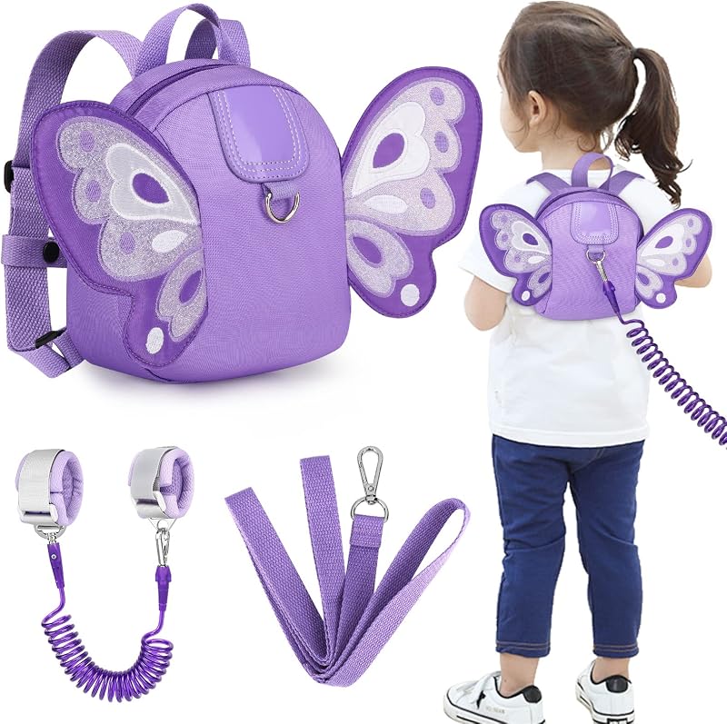 Toddler Harness Backpack Leash, Cute Butterfly Kid Backpacks with Anti Lost Wrist Link, Mini Child Backpack Harness Leashes Walking Wristband Travel Bag Harness Rein for Baby Girls (Purple)