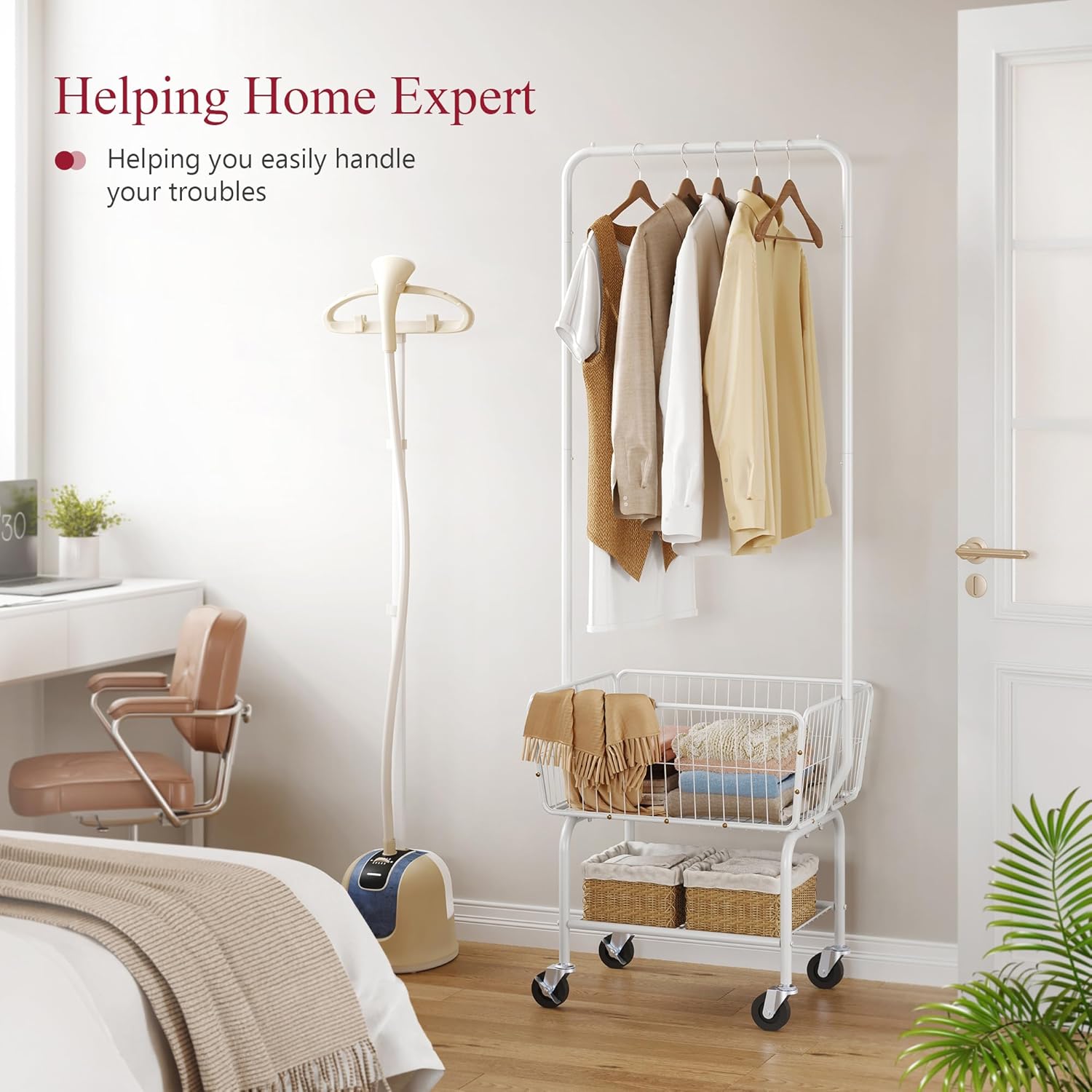 Tajsoon Laundry Cart with Hanging Rack, Metal Laundry Basket with Wheels, Laundry Hamper with Storage Basket and Shelf, Rolling Laundry Cart with Wheels, White