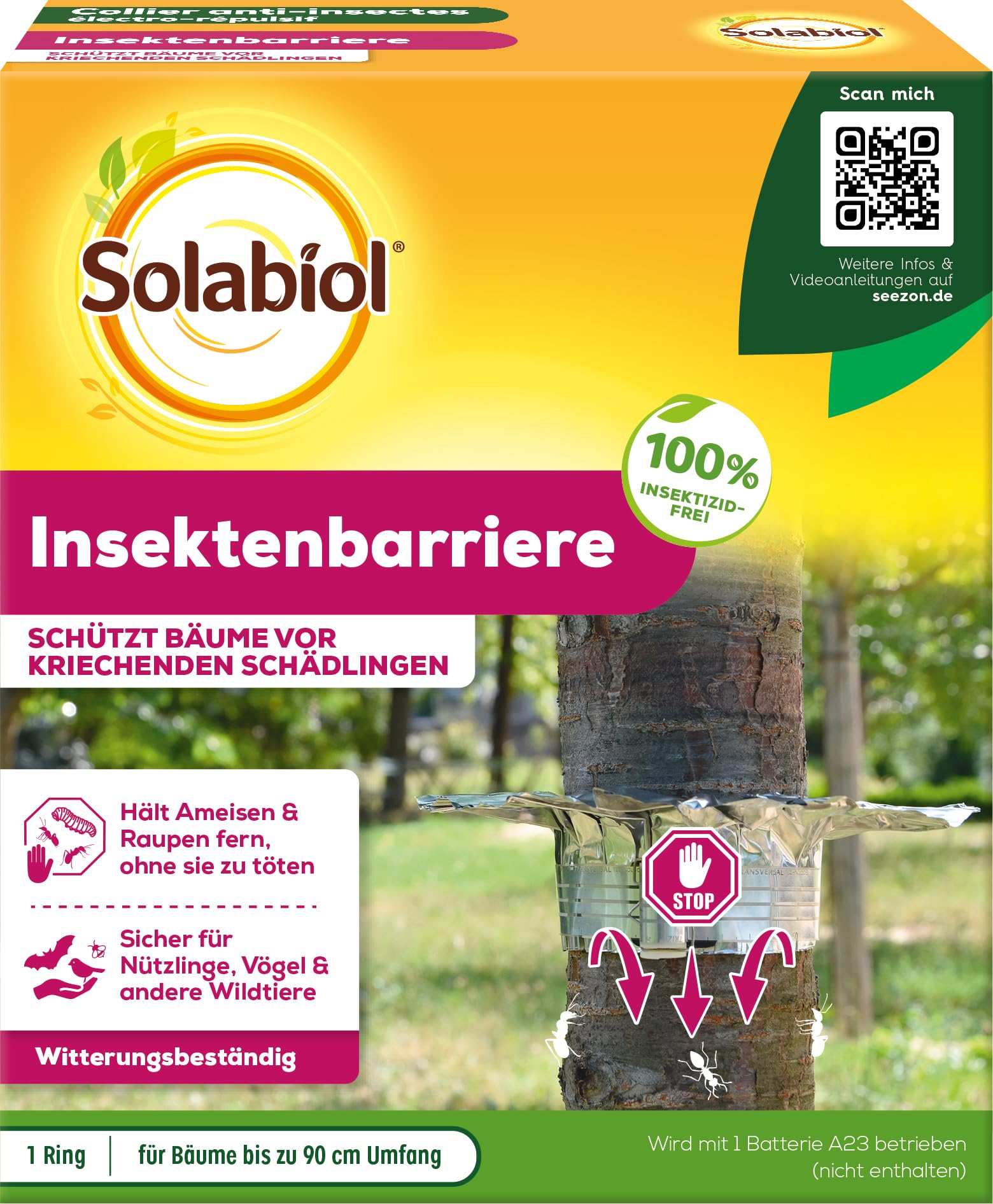 Solabiol Insektenbarriere, elektronische Abwehr von kriechenden Insekten wie Frostspanner, Gespinstmotten und Ameisen an Obstbäumen, 1 Stück