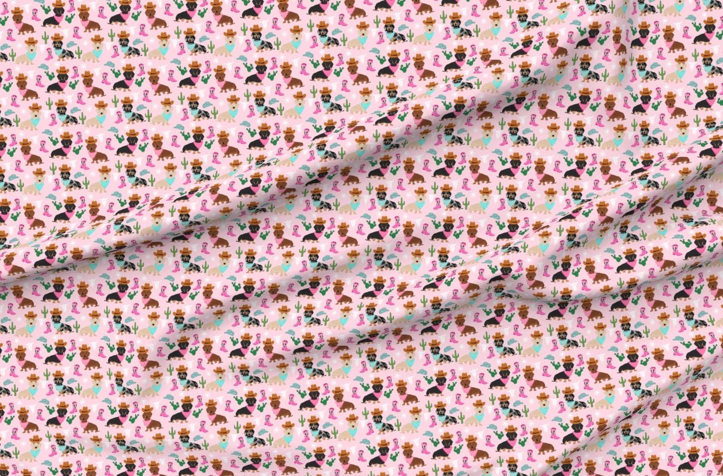 Spoonflower Fabric - Western Dogs Cowboy Dachshund Cowgirl Southwest Cute Pet Pink Cactus Printed on Petal Cotton Fabric Fat Quarter - Sewing Quilting Apparel Crafts Decor