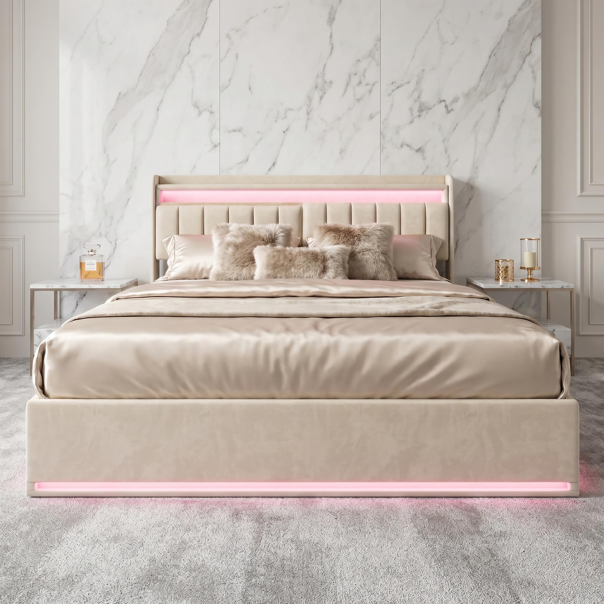 Letto matrimoniale 160 x 200 con luci a LED, letto imbottito con stoccaggio e caricatore letto con USB e luce LED telaio per letto idraulico con testiera in velluto (B velluto beige, 160 x 200 cm)